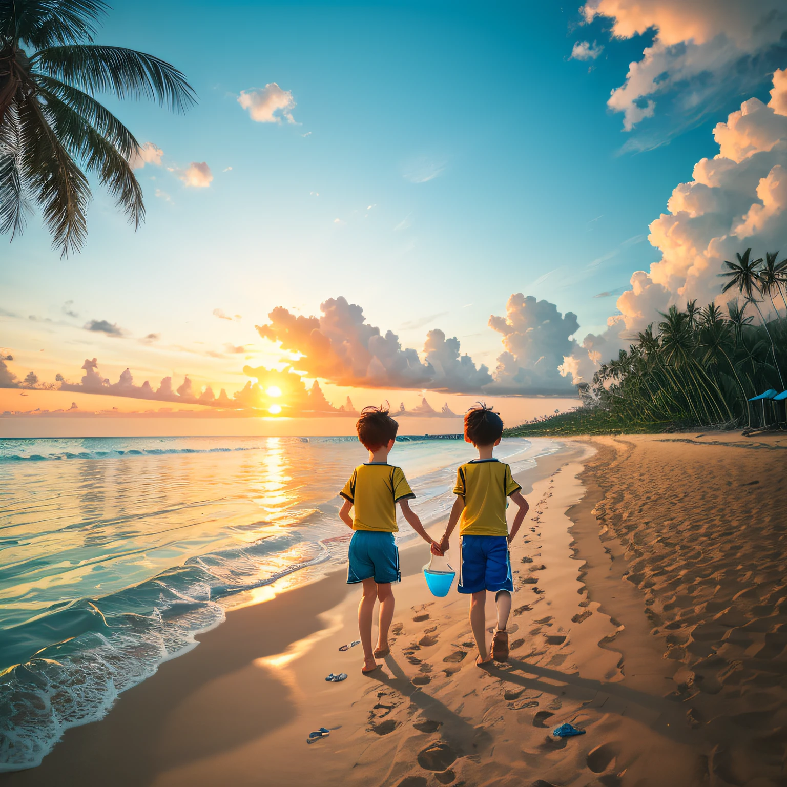 Blue seaside、Sunset、White clouds、Two 6-year-old boys collecting shells,Dressed in yellow short sleeves and blue shorts,Short brunette hair,A few coconut trees in the distance,A gentle breeze --auto