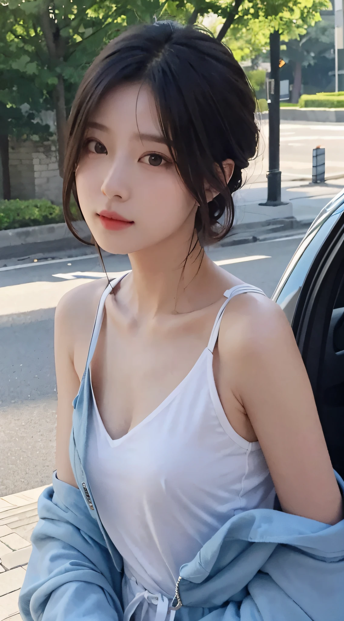 best qualtiy， tmasterpiece， 超高分辨率， （realisticlying：1.5）， RAW photogr， 1girll， bshoulders， Outdoors， deep shading， low tune， cold light， Sexy look， short detailed hair