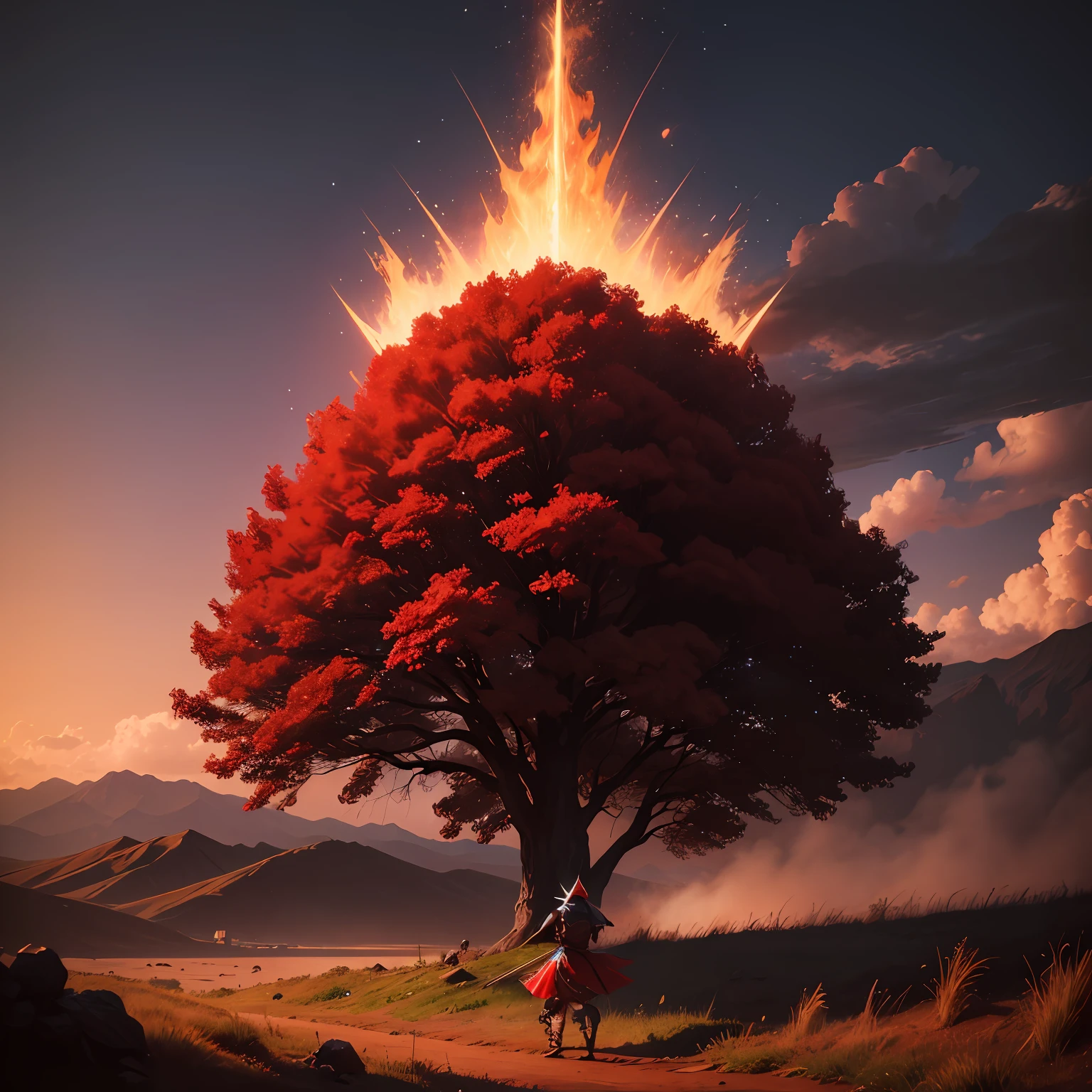 "Um Galdo ladino, pele roxa, armadura vermelha, tridente, ambiente de fogo, a tree in the background that drops musical notes."