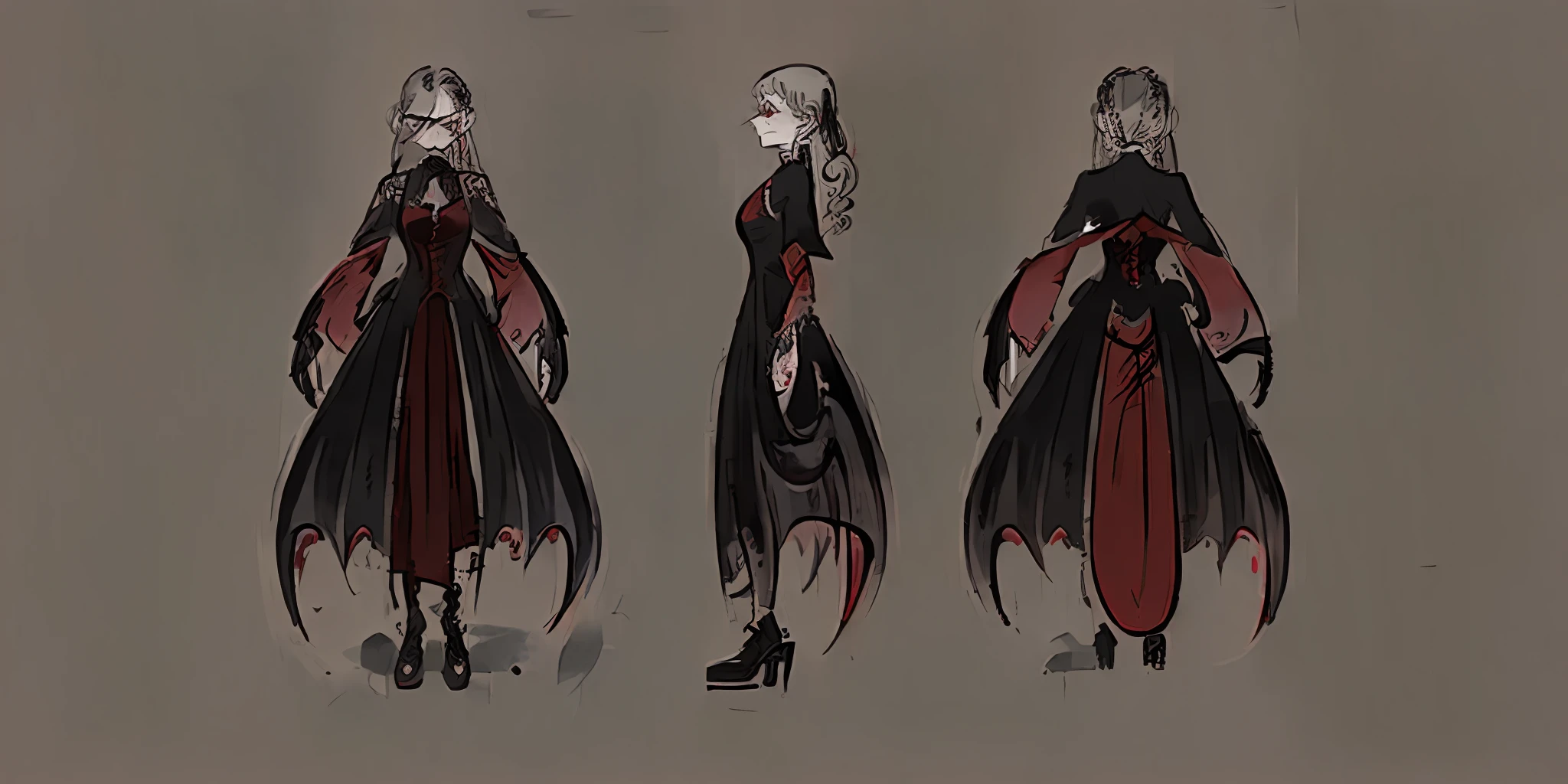 ((masterpiece)), (((top-quality))), (((CharacterDesignSheet, Full body of the same character, front, side, back)))、girls、Gray hair、Long straight hair、Detailed eye、((Gorgeous red and black gothic dress))、((Dracula's daughter))、((deadpan))、Fair skin ,simple background,white background --6