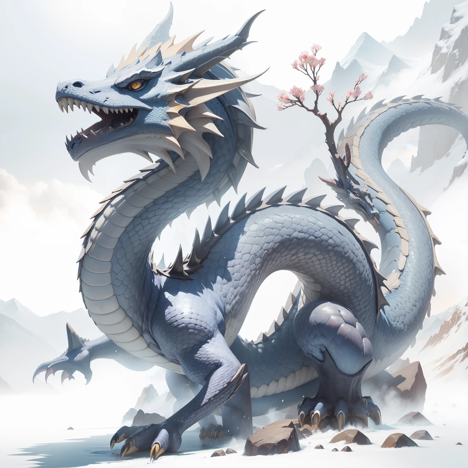 a dragon, mountain peaks, waterfallr, baiyun, tmasterpiece, Best quality at best, The is very detailed, finely detailled, offcial art, Unity 8k壁纸, 4K,8K,UHD, highly detailed,(realisticlying,photo-realistic:1),The is very detailed,Blue scales, --auto