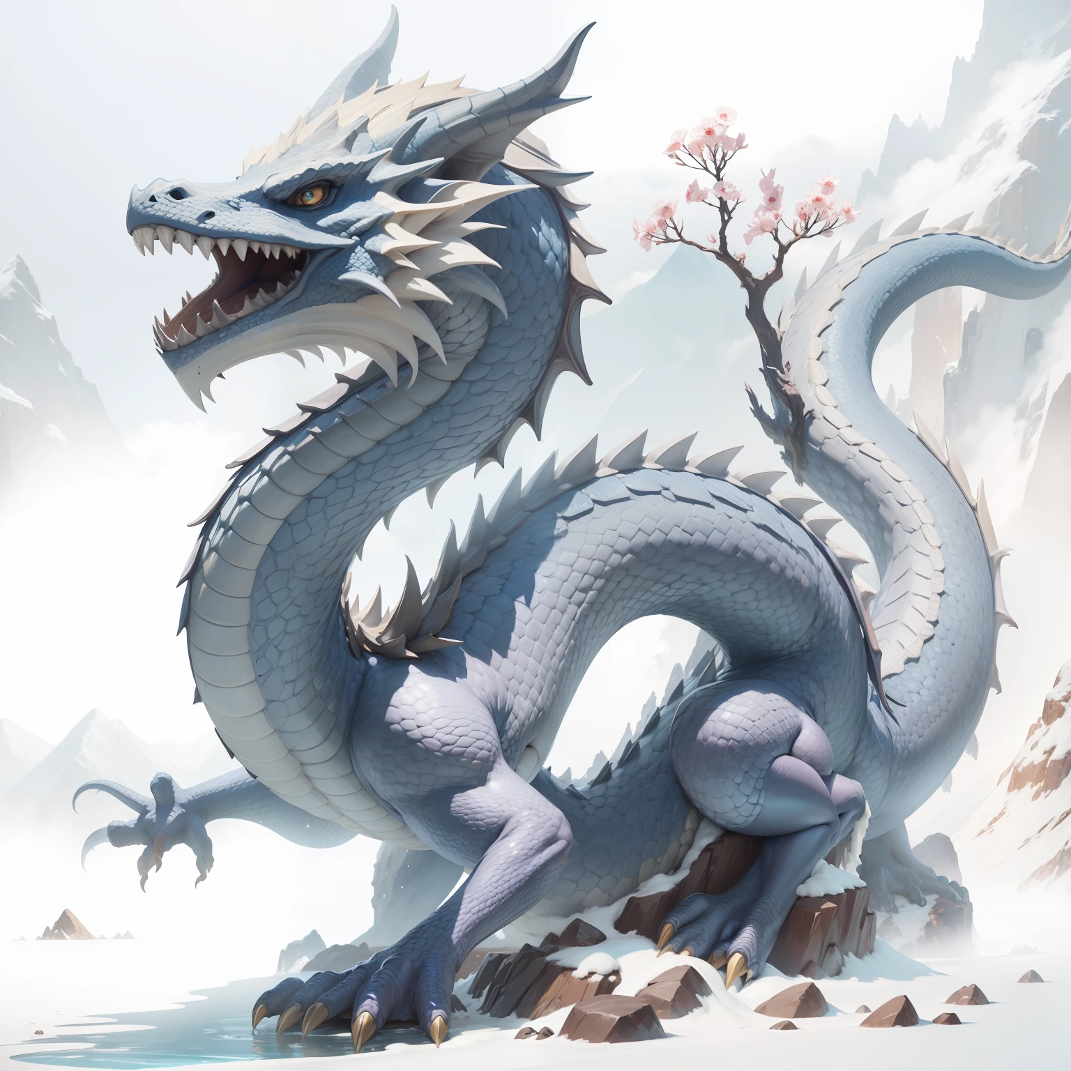 a dragon, mountain peaks, waterfallr, baiyun, tmasterpiece, Best quality at best, The is very detailed, finely detailled, offcial art, Unity 8k壁纸, 4K,8K,UHD, highly detailed,(realisticlying,photo-realistic:1),The is very detailed,Blue scales, --auto