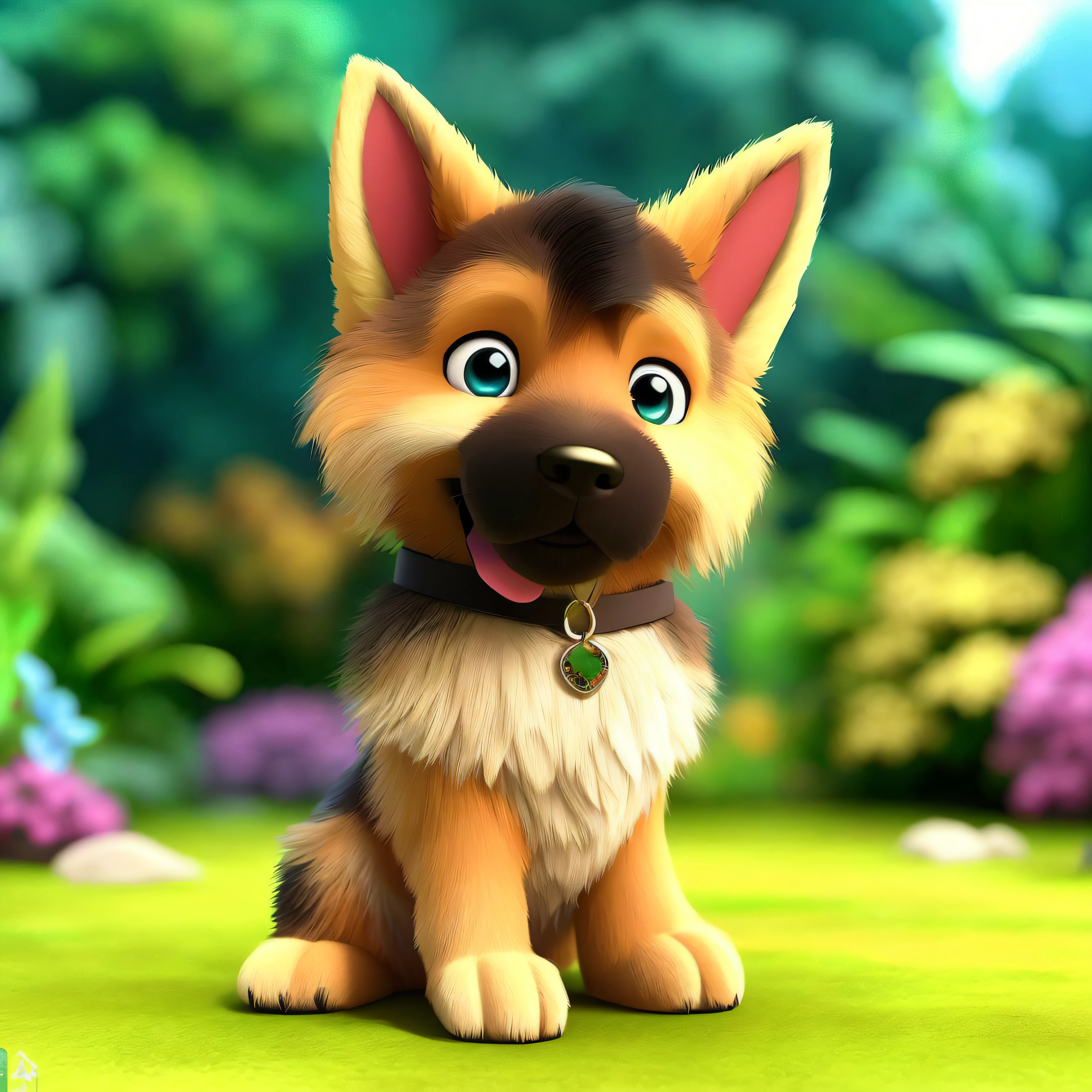 Un primer plano de un perro sentado sobre una superficie verde, Adorable pintura digital, Lindo renderizado 3D, Isometric 3D Fantasy Cute Dog, Lindo arte digital detallado, Lindo arte digital, 3 d animated movie, animated movie, animated movie still, animated movie, Perro lindo, Alsatian, Lindo personaje de dibujos animados, Caricatura realista, en estilo de dibujos animados, Kawaii lindo perro