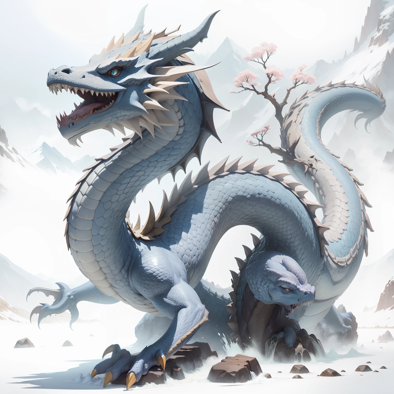 a dragon, mountain peaks, waterfallr, baiyun, tmasterpiece, Best quality at best, The is very detailed, finely detailled, offcial art, Unity 8k壁纸, 4K,8K,UHD, highly detailed,(realisticlying,photo-realistic:1),The is very detailed,Blue scales, --auto