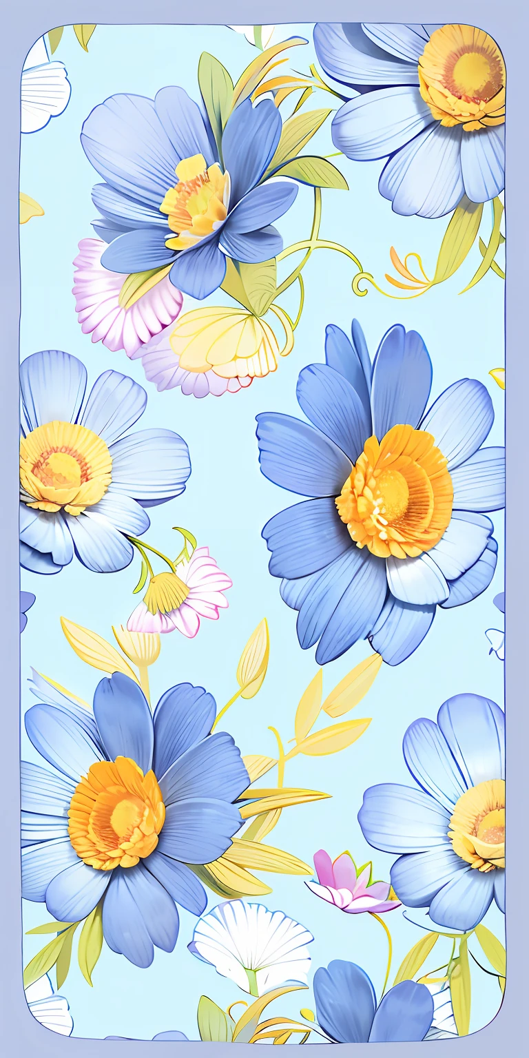 There are many blue flowers，There is a yellow center on a blue background, phone background, made with illustrator, Wallpaper phone, opulent, flower, Flower background, flowers in the background, pastel flowery background, strawberry embellishment, patchy flowers, florest background, Blue flowers, iPhone background, stylized flowers, iphone wallpaper, flowery wallpaper, blue - petals, blue flowers accents