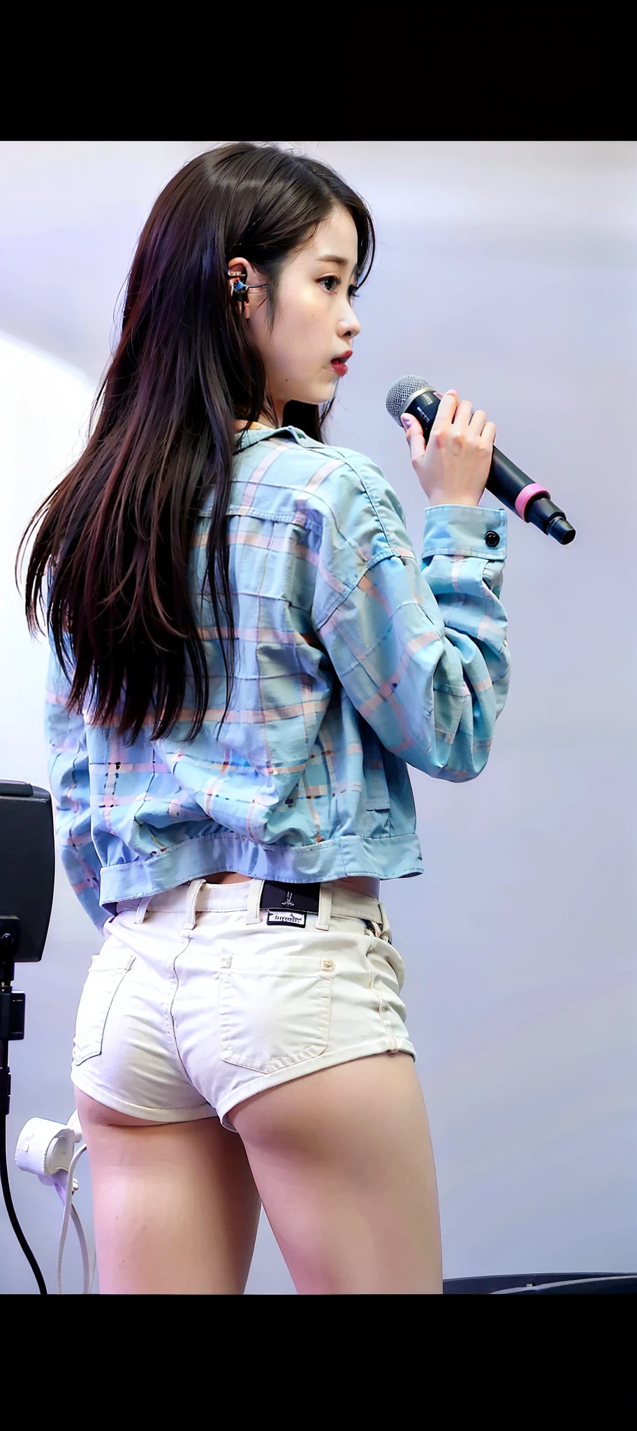 araffe woman in plaid shirt holding a microphone in front of a microphone, her hand is on her waist, jisoo from blackpink, jia, wearing a fancy jacket, jisoo of blackpink, performing on stage, waist - shot, her wardrobe is attractive, wearing a blouse, blackpink jennie, photo still of behind view, wearing jacket, cropped shirt with jacket, iu1, lee ji-eun