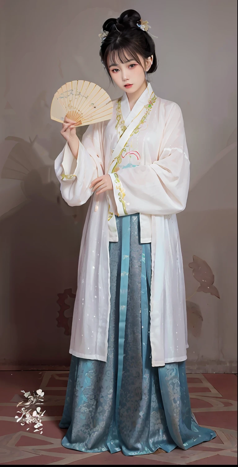 Arad woman in white and green dress holding a fan, White Hanfu, Palace , A girl in Hanfu, Hanfu, Wearing ancient Chinese clothes, pale and coloured kimono, with acient chinese clothes, Hanbok, Traditional Chinese clothing, Chinese costume, wearing a noblewoman's outfit, inspired by Uemura Shōen, korean hanbok