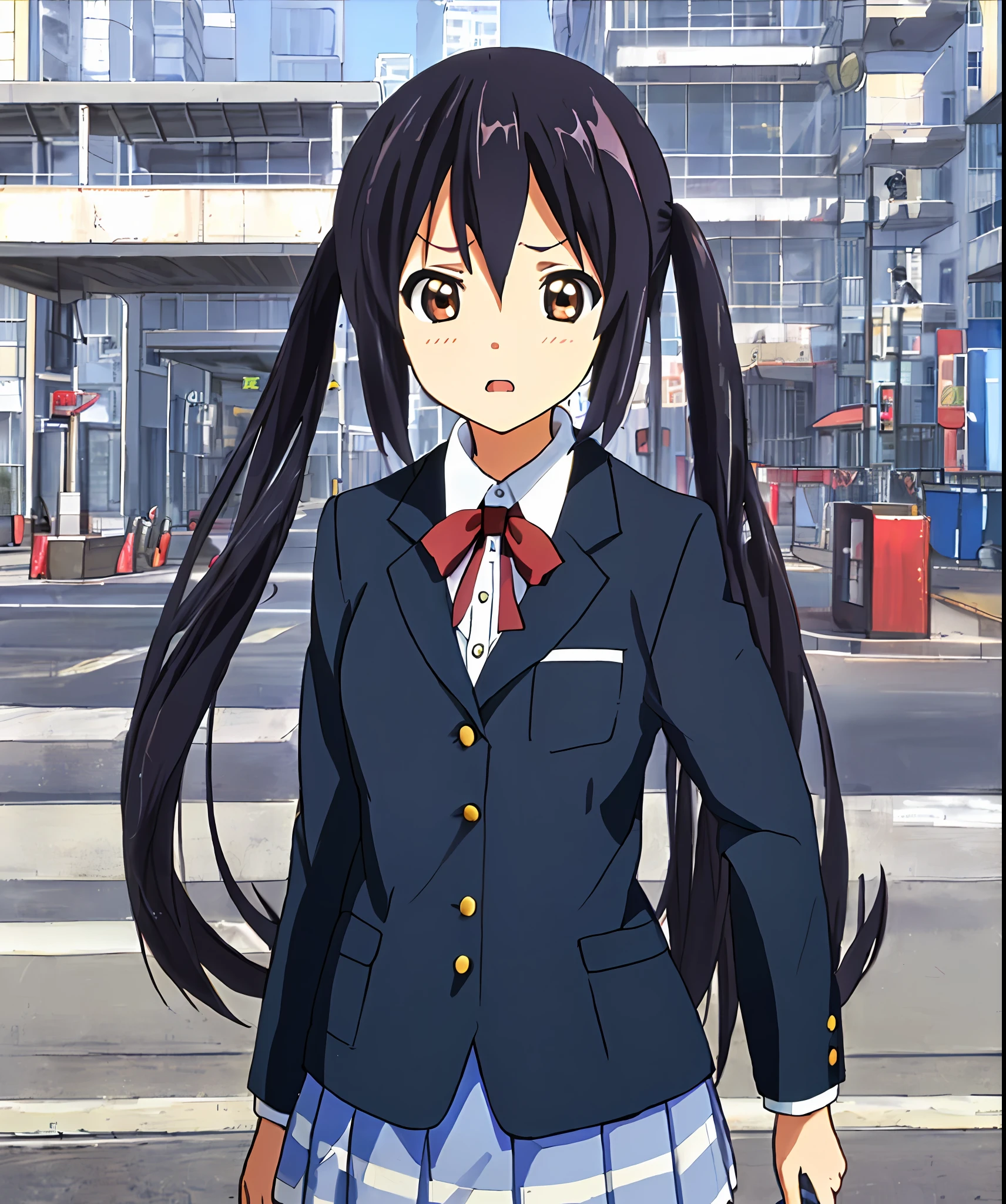 1girl, ((((Masterpiece))), Best Quality, Best Quality, High Detail, Azusa Nakano, 1girl, Sakuragaoka High School Uniform, Musical Instrument, School Uniform, Twin Tails, Long Hair, Black Hair, Brown Eyes, Solo, Red, Dark blue blazer with a thin ribbon of red, Solid white button shirt under blazer, Illustration, Cartoon, Soothing tones, Muted colors, Soft cinematic light, Adobe Lightroom, Photo Lab, HDR, complex and highly detailed, (((depth of field))))). (((Masterpiece))). (((highest quality))).) ((super detail))). (((Illustration))). (((外))).dynamic focus.small breasts. (((skyscrapers))). (((Cityscape))). (((Face of sadness))). open mouth. (((hands on hips))). (((Proud))).