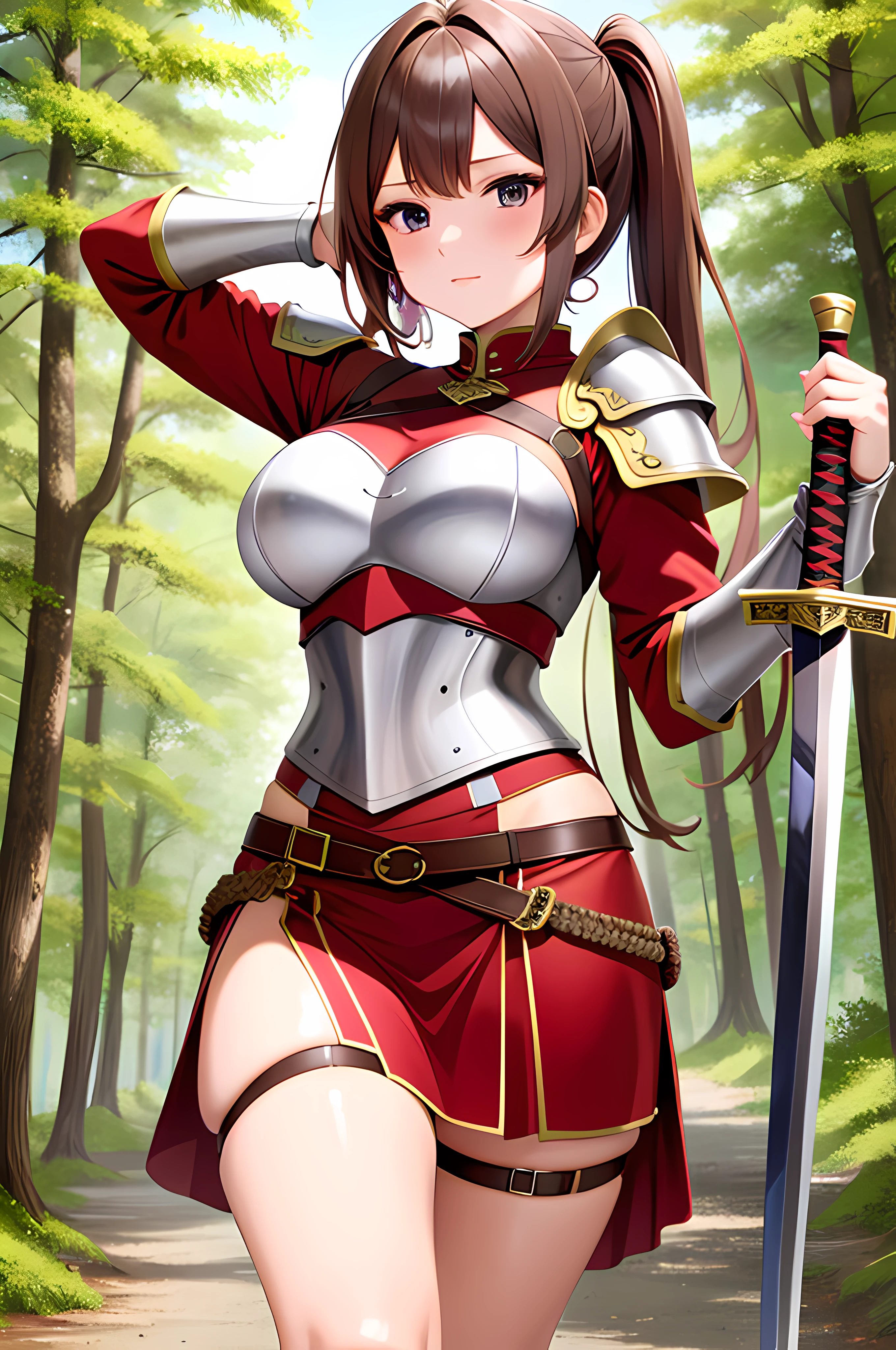 anime girl in uniform holding a sword in a forest, armor girl, inspired by Li Chevalier, she is holding a sword, hold sword in the forest, holding a sword on her shoulder, lady in red armor, female Roman legionnaire, with large sword, anime goddess, official art