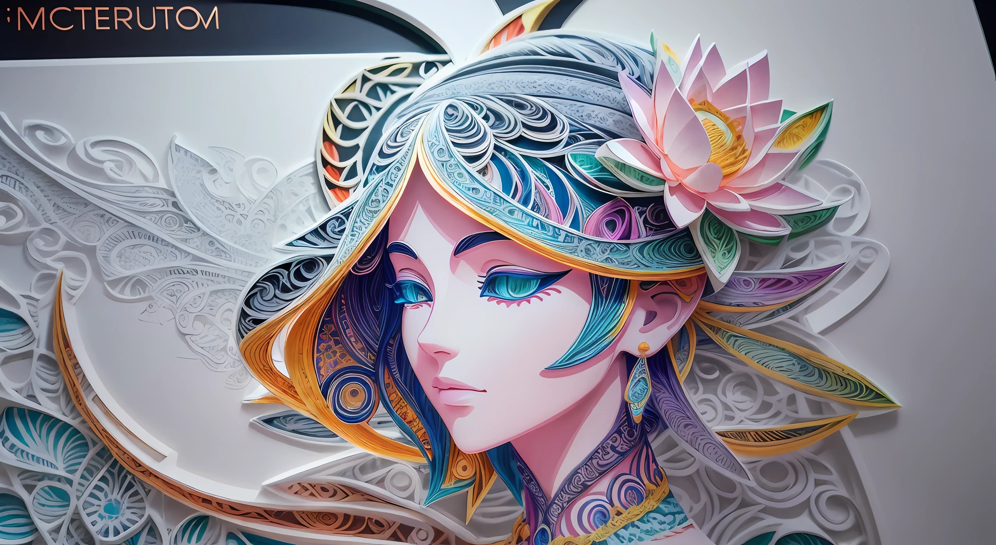 (hologram:1.5),(The silhouette of a beautiful woman:1.3),(Colorful lotusa:1.2),in the Summer,White background,paper art,(quilling paper art:1.5),(zentangle:1.2), (geomerty:1.2),a 3D render,extremely detaile, Cinematic lighting effects,4K,Masterpiece,