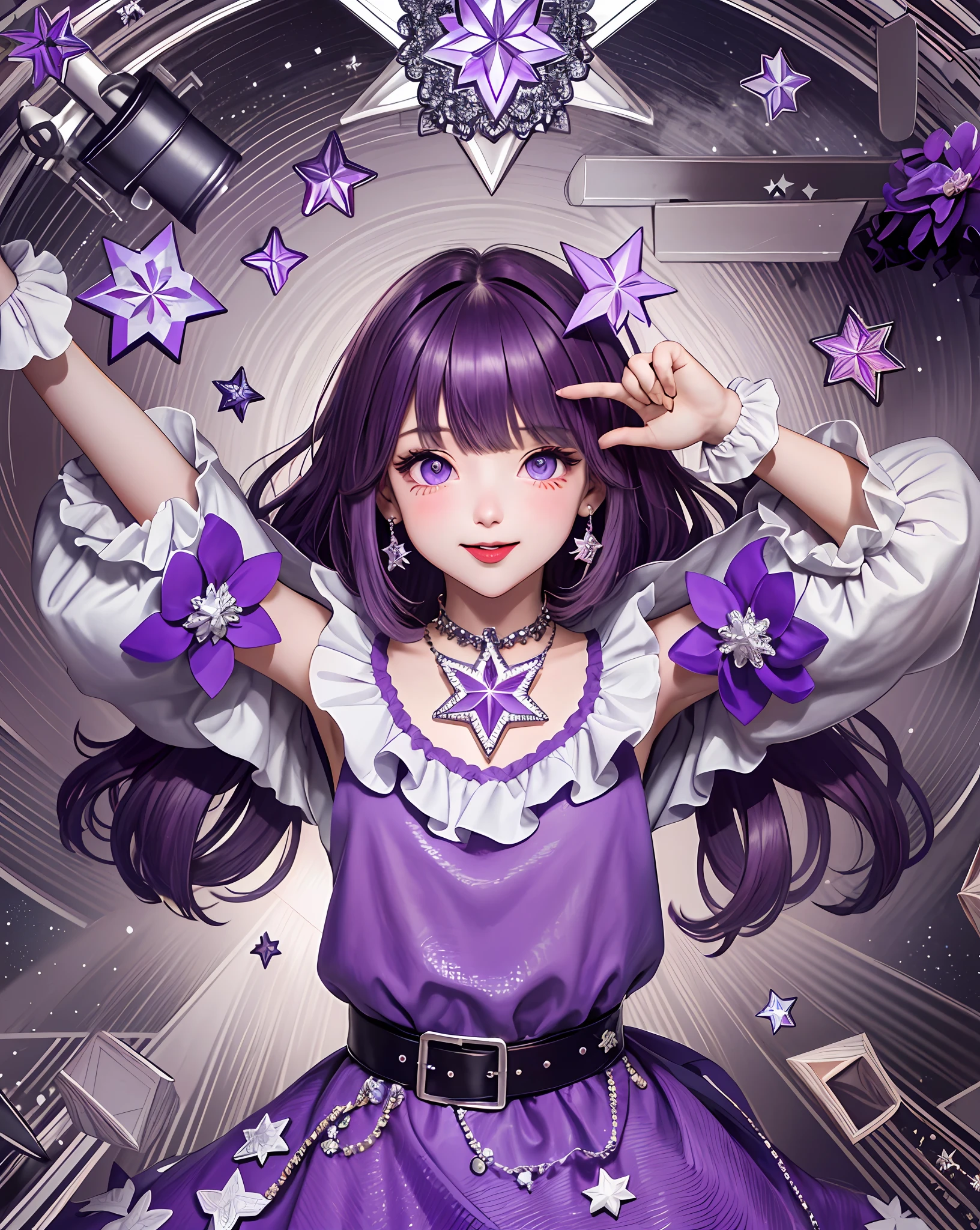 1girl, full body, cowboy shot,
(Rembrandt), illustration, (masterpiece), (best quality), (ultra_detailed), finely detail, (Depth of field),
HshinoAi,gloves, tongue out, tongue, long hair, star \(symbol\), looking at viewer, (purple hair:1.2), purple eyes, upper body, hair ornament, :p, frills, pink shirt, smile, sleeveless, shirt, idol, symbol-shaped pupils, hands up, bangs, one side up, star-shaped pupils, arms up,
dress pull,
Roaring Twenties, isometric, from above, sky, flower, cliff,
