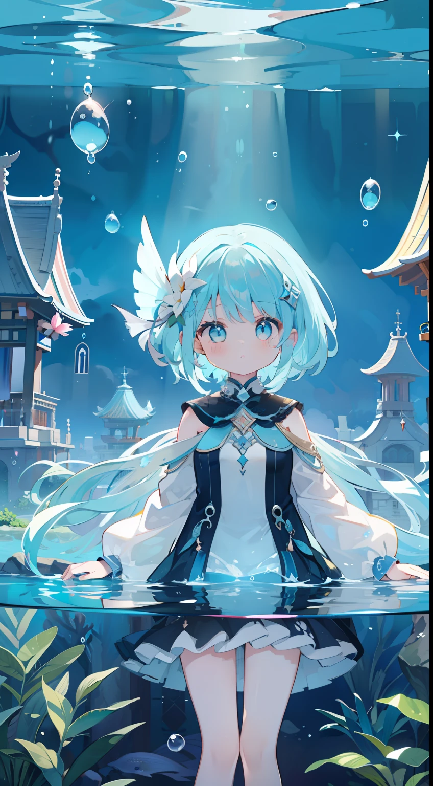 One girl、under the water、​masterpiece、top-quality、Top image quality、cute little、air bubble、Underwater temple、AngelT、lightblue hair、lightblue hair、Fluttering hair、