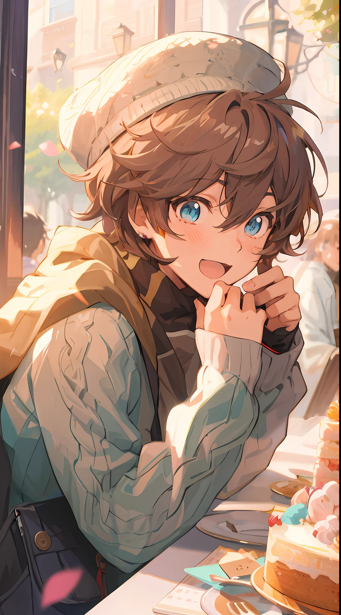 Anime boy with hat and cake in front, tall anime man with blue eyes, Detailed Digital Anime Art, young anime man, anime moe art style, Anime Boy, kawacy, 🍁 Cute, Official art, 8K!, detailed fan art, High quality anime art style, anime style 4 k, digital anime illustration, high quality fan art