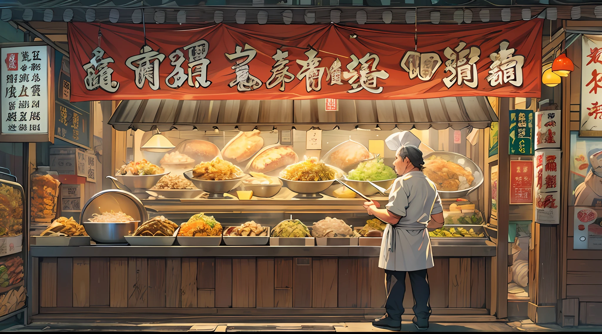 A middle-aged man chef stands in front of the stall, filled with delicious fried rice but obviously expensive. No one comes to the stall, and the man looks helpless. ,in the style of the stars art group xing xing, 32k, best quality, masterpiece, super detail, high details,
