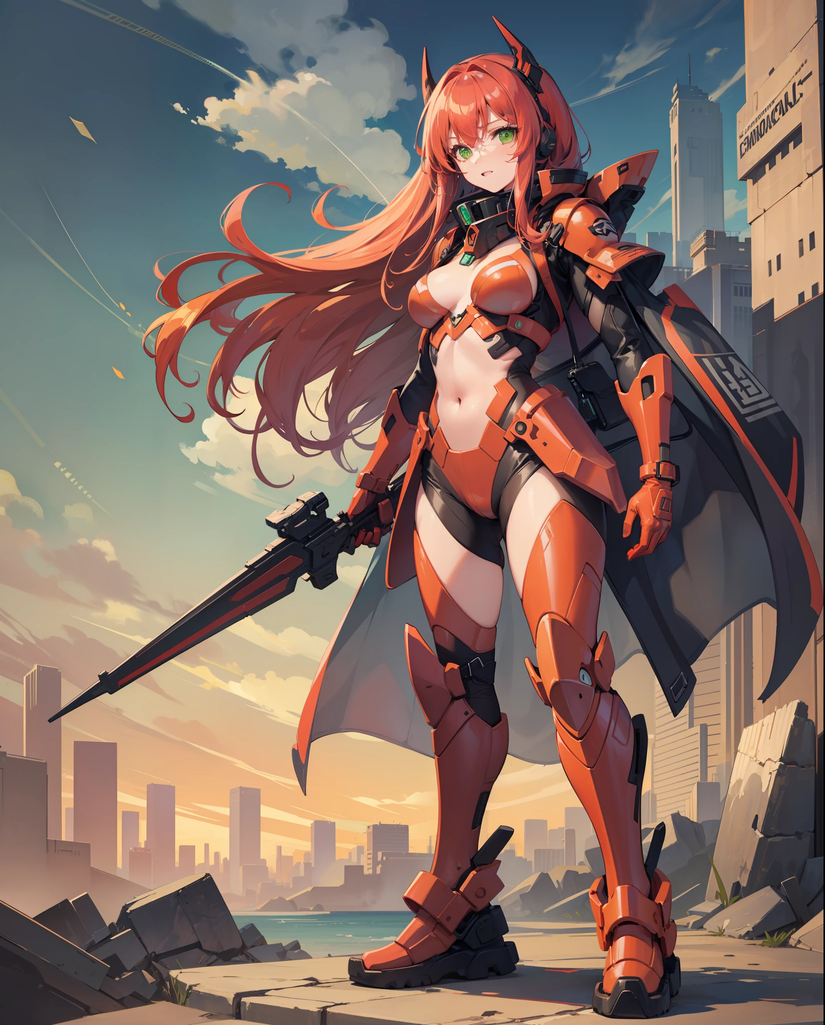 Red long-haired,Green eyes,Red sci-fi battle suit,Long red gloves,Red boots,Sexy standing pose,looking at viewert