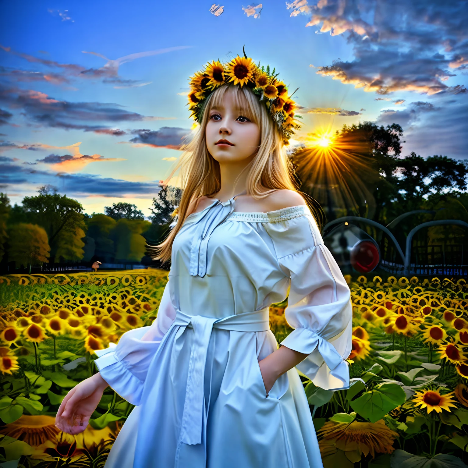 It's a beautiful photo、Against the backdrop of majestic blue sky and majestic clouds、Hall with hands on hips々Young Ukrainian girl standing、platinum-blonde、Gaze looking up at the sky、On the back of her head is the sun,、Her body, hair, And the clothes had a yellow halo against sunlight.、Soft Focus Glow、Blue eyes、Wearing a sunflower wreath、Wearing Ukrainian white national costume、Wear a sunflower-style cloth around your waist、Slender Ukrainian girl with small breasts、In the background is the Taiga Dnipro River.、There is a large forest across the river.、Ukrainian landscape with sunflowers blooming、​masterpiece