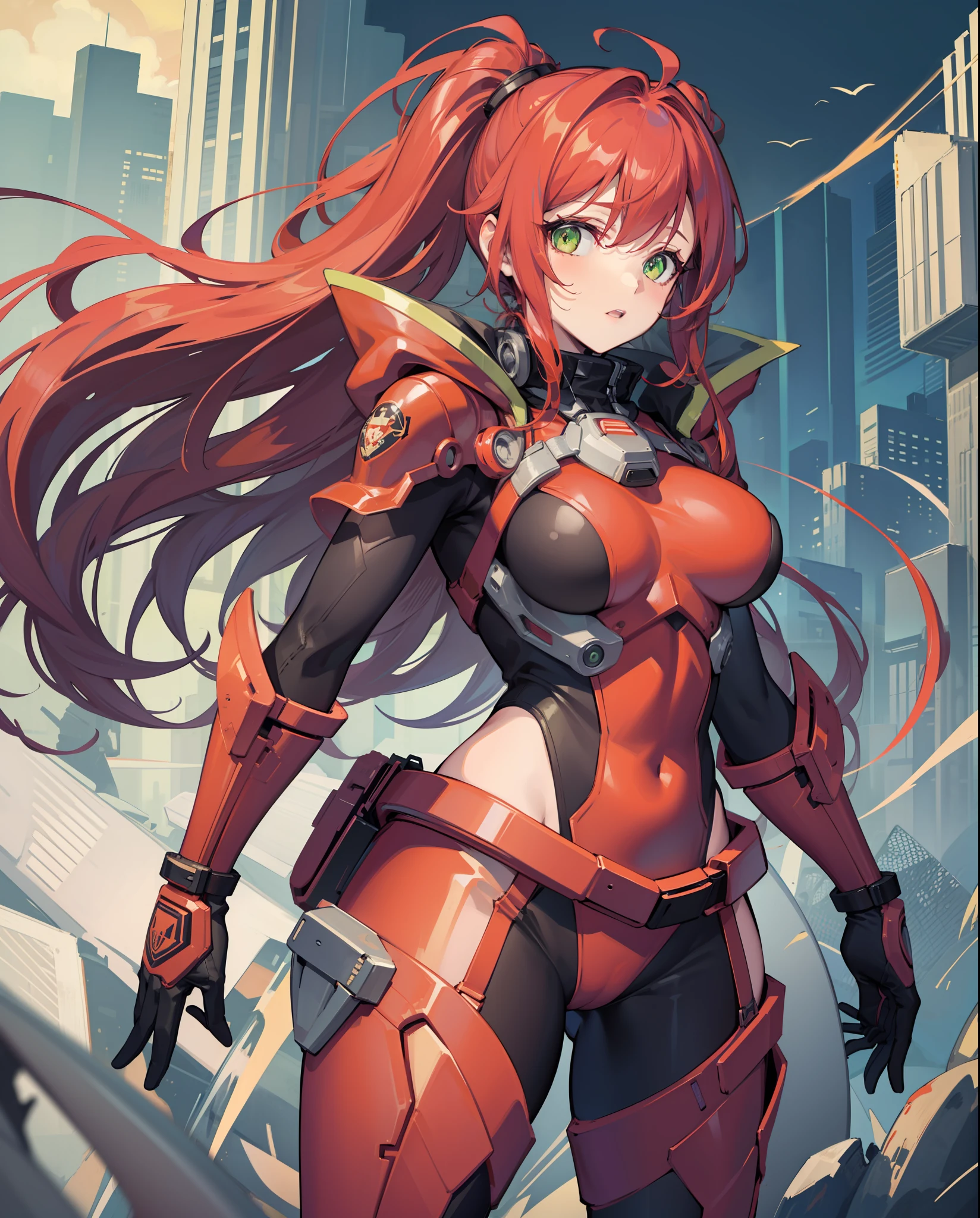 Red long-haired，Green eyes，Red sci-fi battle suit，Long red gloves，Red boots，Sexy standing pose，looking at viewert