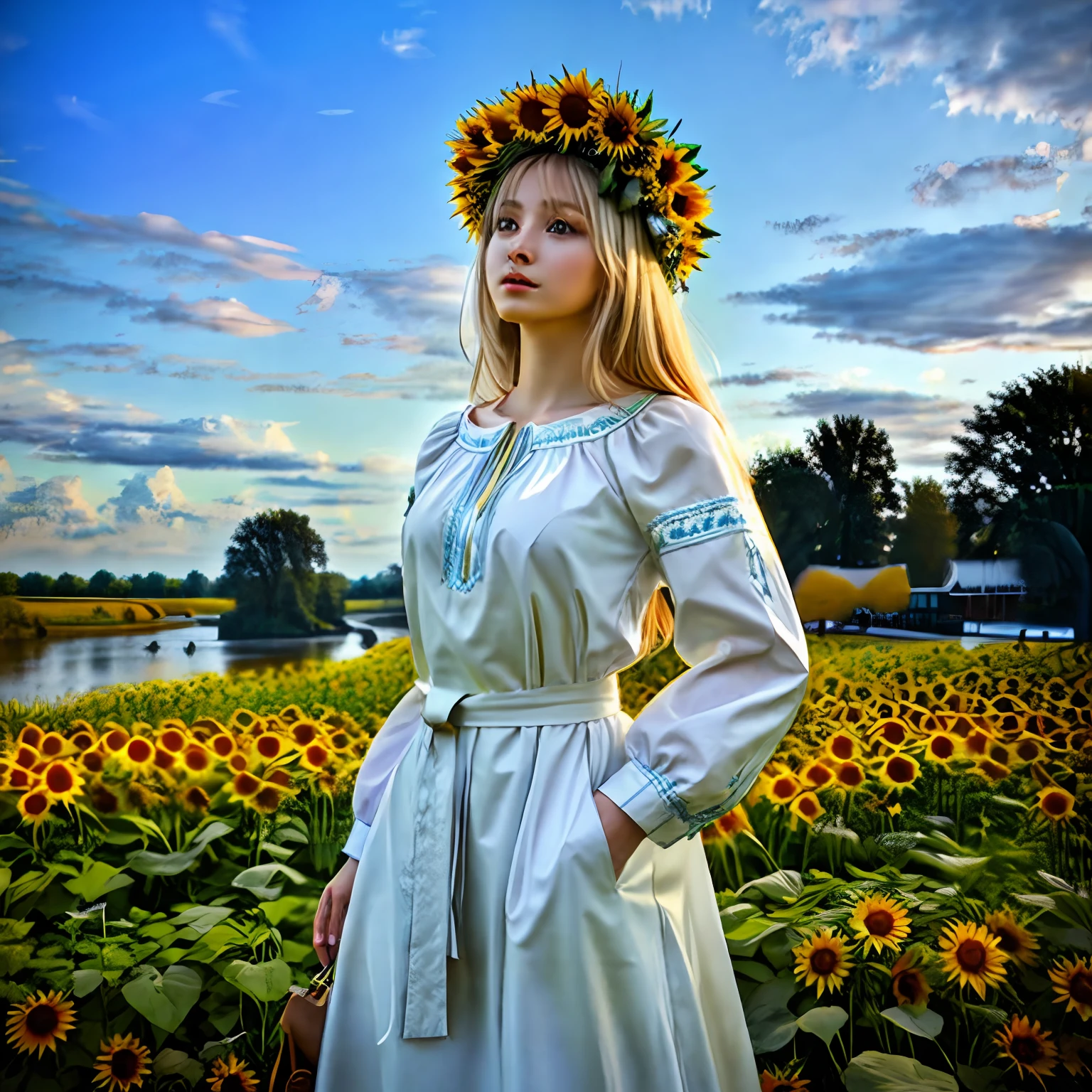 It's a beautiful photo、Against the backdrop of majestic blue sky and majestic clouds、Hall with hands on hips々Young Ukrainian girl standing、platinum-blonde、Gaze looking up at the sky、On the back of her head is the sun,、Her body, hair, And the clothes had a yellow halo against sunlight.、Soft Focus Glow、Blue eyes、Wearing a sunflower wreath、Wearing Ukrainian white national costume、Wear a sunflower-style cloth around your waist、Slender Ukrainian girl with small breasts、In the background is the Taiga Dnipro River.、There is a large forest across the river.、Ukrainian landscape with sunflowers blooming、​masterpiece