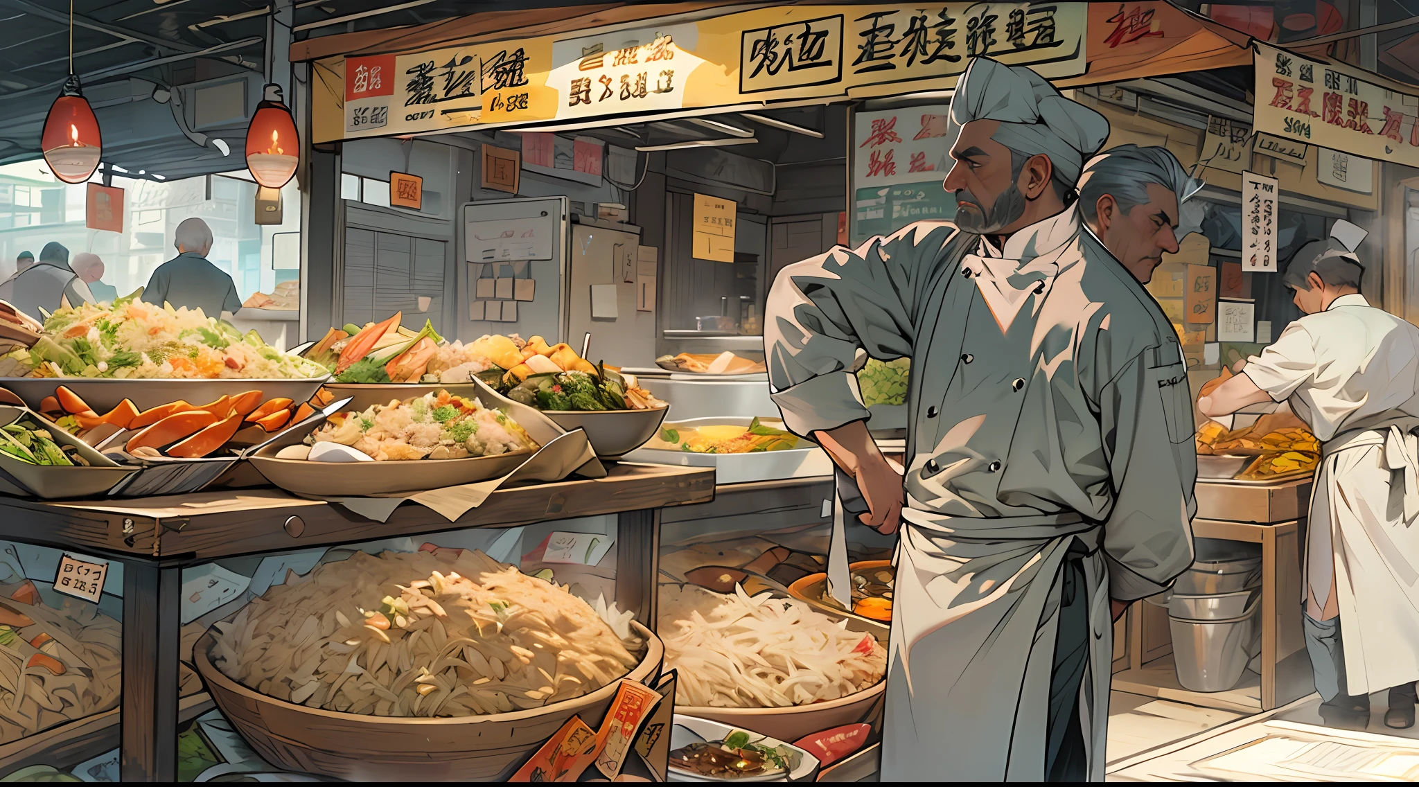 A middle-aged man  chef stands in front of the stall, filled with delicious fried rice but obviously expensive. No one comes to the stall, and the man looks helpless. ,in the style of the stars art group xing xing, 32k, best quality, masterpiece, super detail, high details,