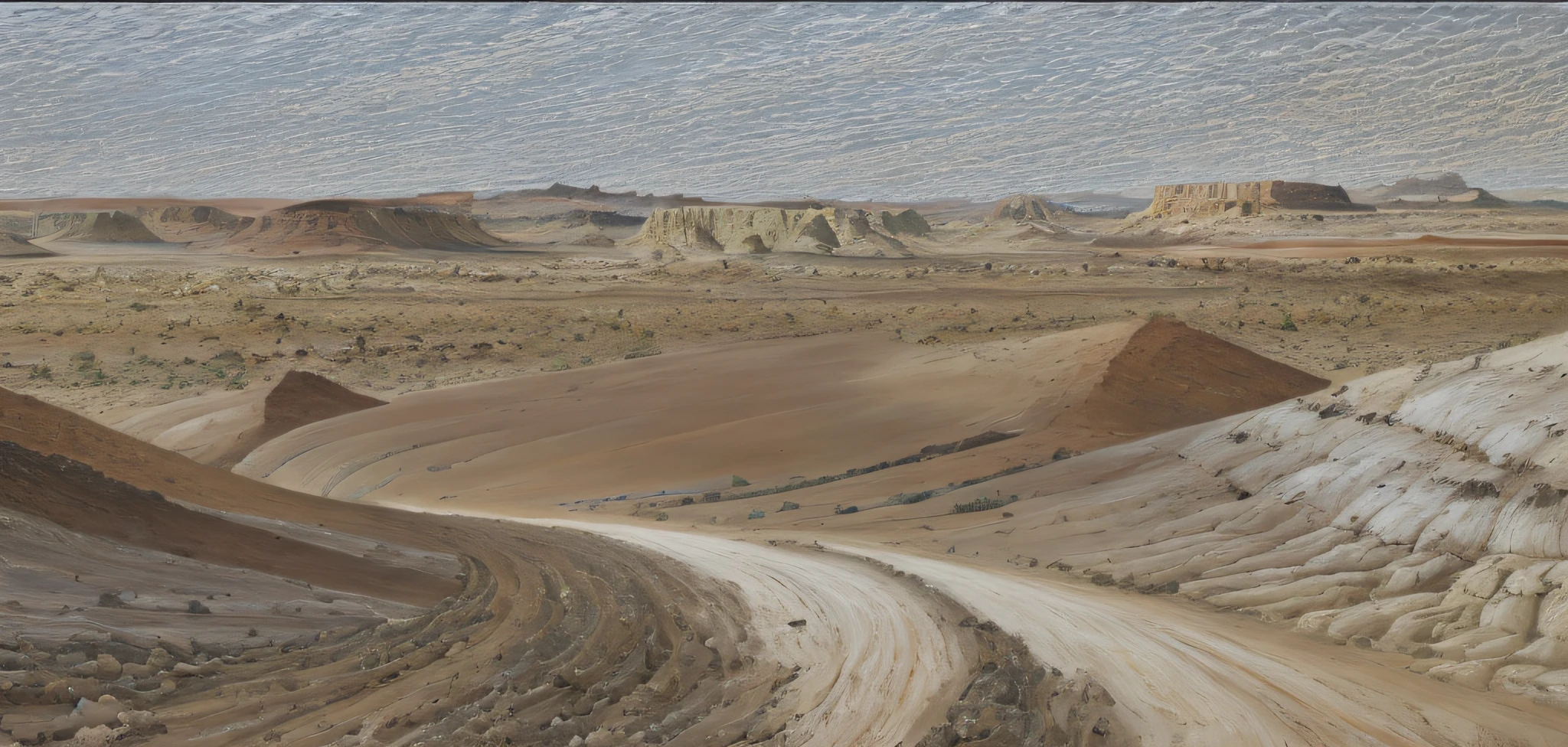 (Soil slope),desolated,There is a dirt road that winds through the desert, painting of a sand landscape, digital oil on canvas, highly textured landscape, OilPaintStyle, digital painted, The desert is colored pencils, digital oil painting, digital painted, 3 d virtual landscape painting, oil digital painting, A digital painting, new mexican desert background, desert mesa