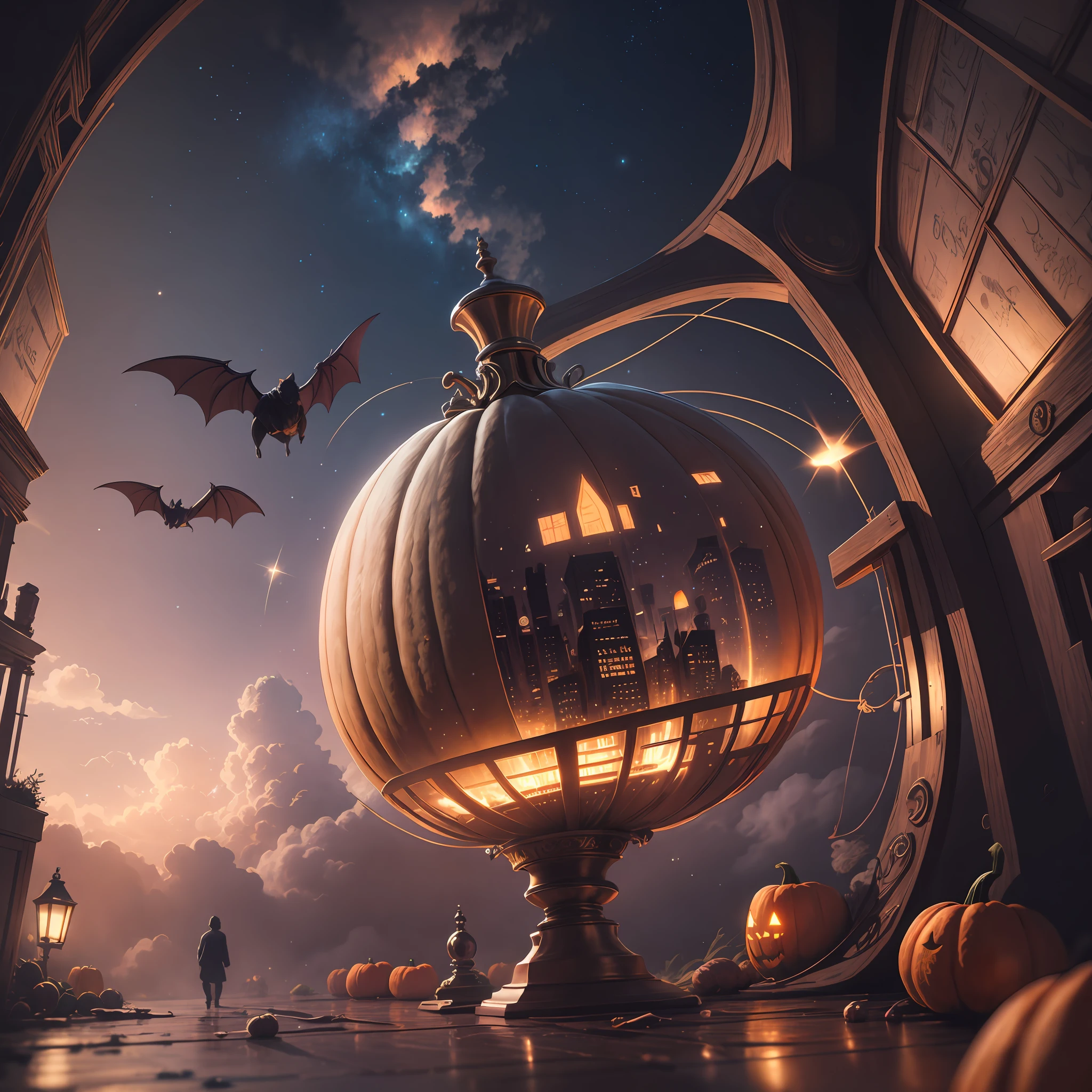 neo-classical, conceptual art, Ray tracing, Sparkle, Ultra-wide angle, kanon, f/4.0, hyper HD, 巨作, Best quality, A high resolution, Award-Awarded, 16k,Alchemy,steampunc,pumpkins,the bats,Flying broom,dreamy sky,
