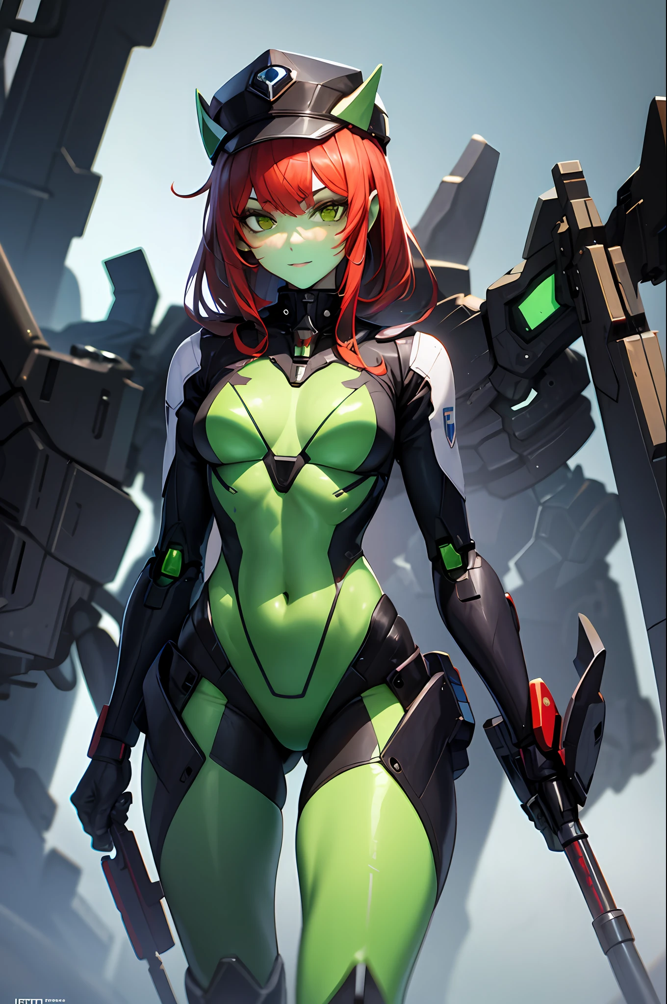Girl with green skin，Wearing a mecha suit，redheadwear，
