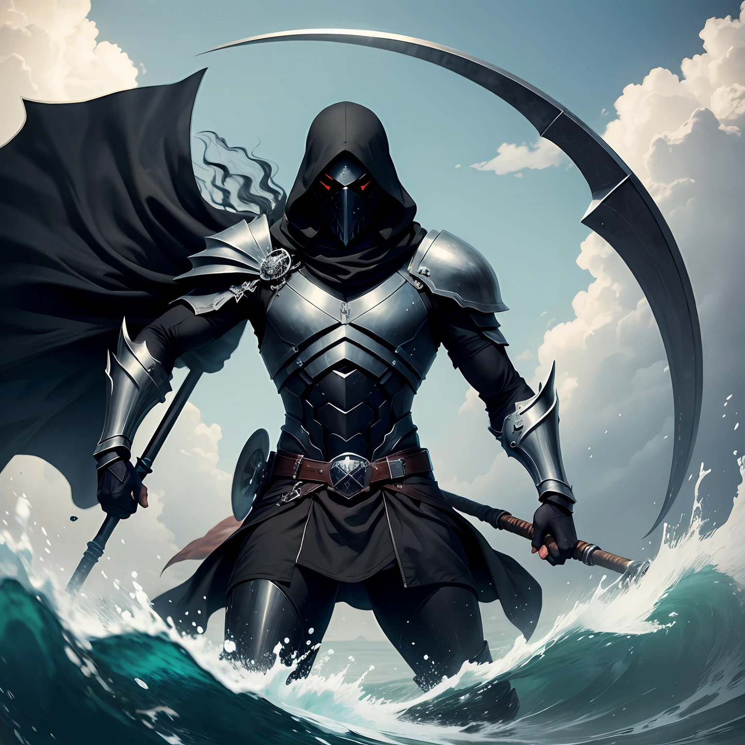 Um homem negro com armadura, Holding a Scythe and Controlling Aquatic Abilities.