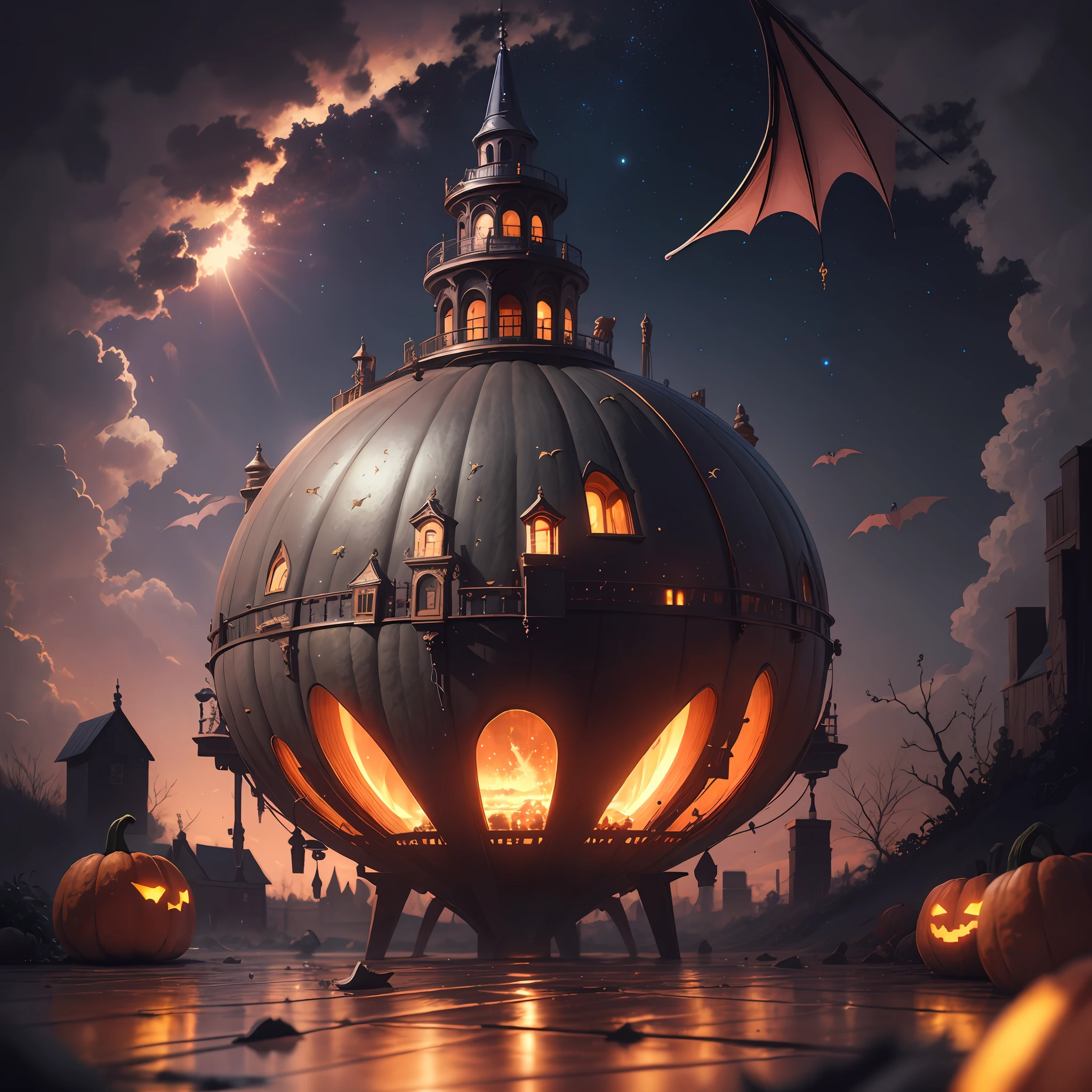 neo-classical, conceptual art, Ray tracing, Sparkle, Ultra-wide angle, kanon, f/4.0, hyper HD, 巨作, Best quality, A high resolution, Award-Awarded, 16k,Alchemy,steampunc,pumpkins,the bats,Flying broom,dreamy sky,