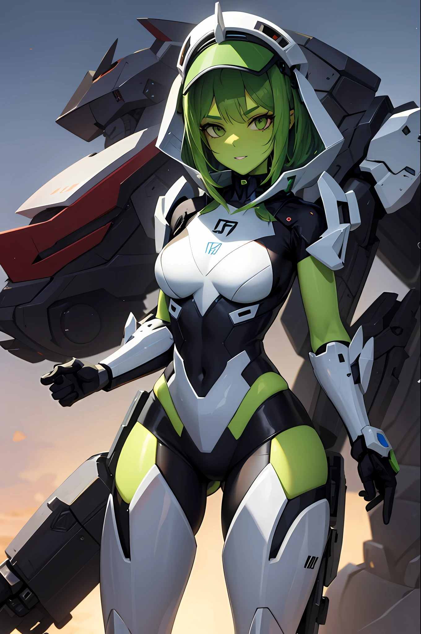Girl with green skin，Wearing a mecha suit，redheadwear，