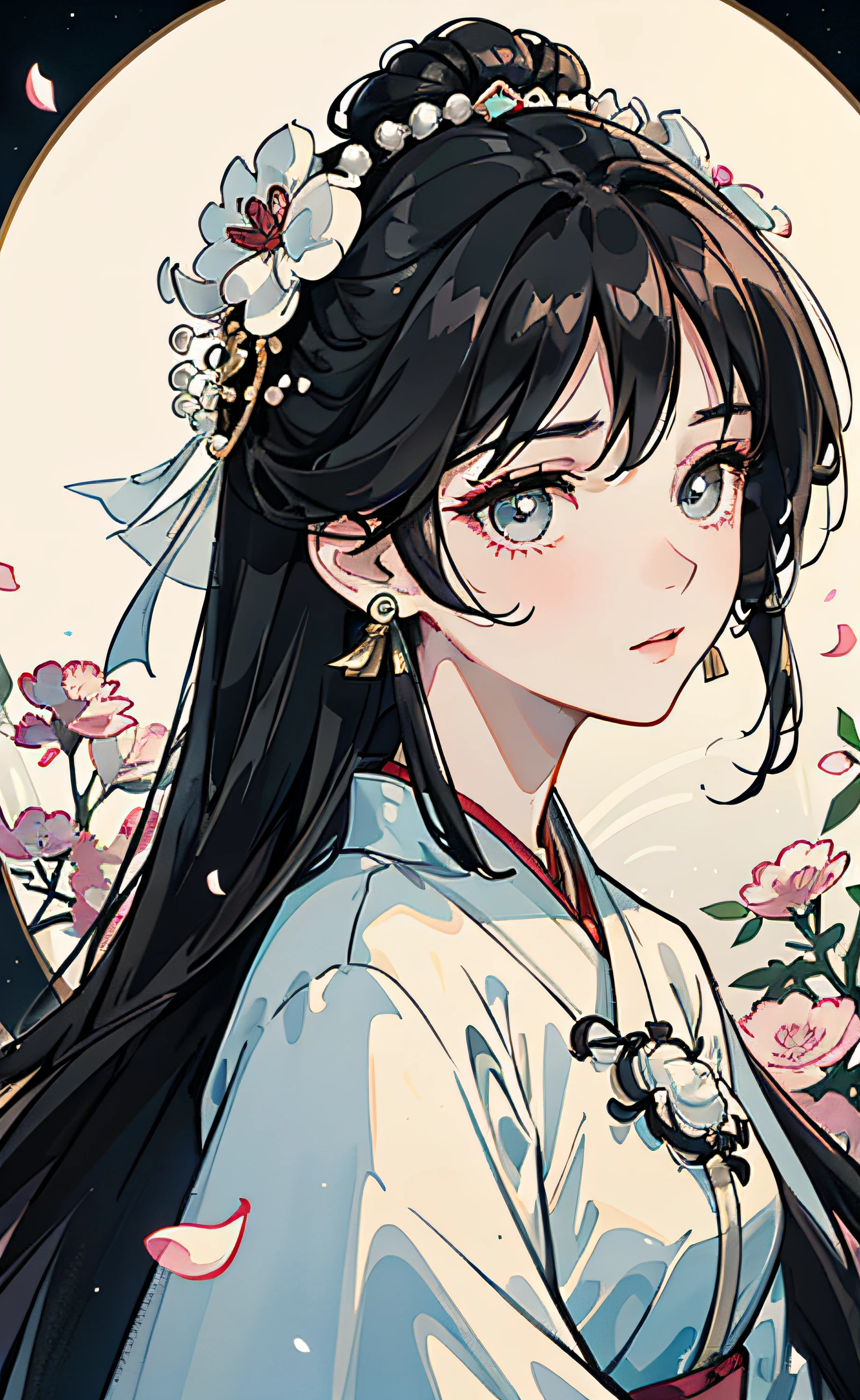 Mature girl , black hair, floating hair, delicate and smart eyes, starry pupils, intricate damask hanfu, gorgeous accessories, wearing pearl earrings, FOV, f1.8, masterpiece, complex scene, flower petals flying, front portrait shot, Chang'e