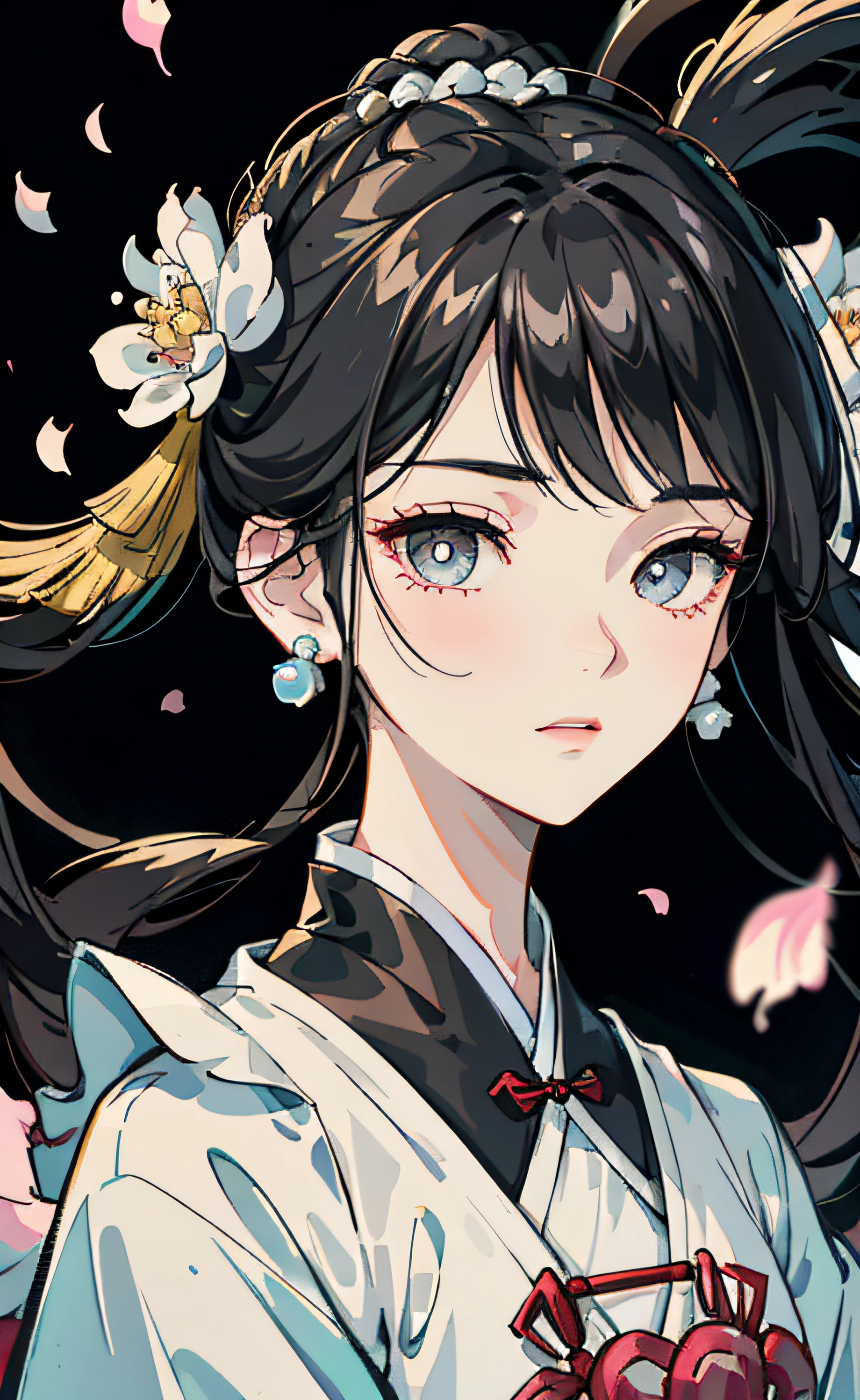 Mature girl , black hair, floating hair, delicate and smart eyes, starry pupils, intricate damask hanfu, gorgeous accessories, wearing pearl earrings, FOV, f1.8, masterpiece, complex scene, flower petals flying, front portrait shot, Chang'e