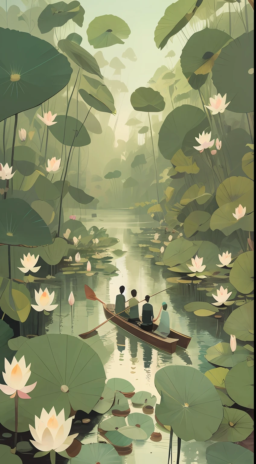Three young men in a boat by the lake,Surrounded by water people,crystal clear water, atey ghailan 8 k, A beautiful artwork illustration, serene illustration, by Atey Ghailan, By Li Song, in style of atey ghailan, Lotus pond, tithi luadthong,