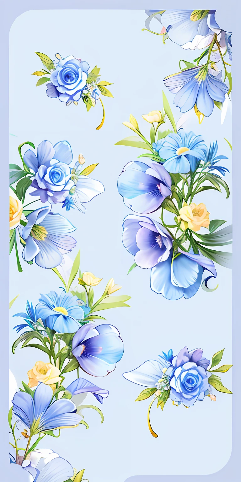 There are many blue flowers,There is a yellow center on a blue background, phone background, made with illustrator, Wallpaper phone, opulent, flower, Flower background, flowers in the background, pastel flowery background, strawberry embellishment, patchy flowers, florest background, Blue flowers, iPhone background, stylized flowers, iphone wallpaper, flowery wallpaper, blue - petals, blue flowers accents