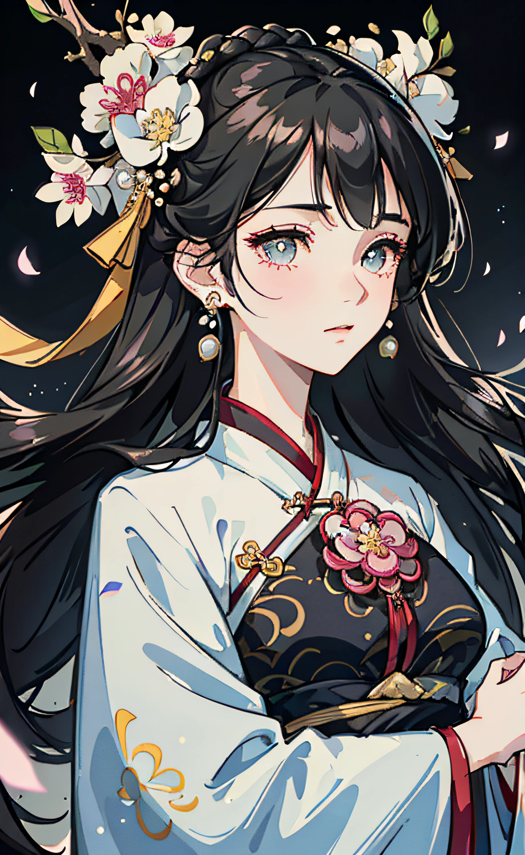 Mature girl , black hair, floating hair, delicate and smart eyes, starry pupils, intricate damask hanfu, gorgeous accessories, wearing pearl earrings, FOV, f1.8, masterpiece, complex scene, flower petals flying, front portrait shot, Chang'e
