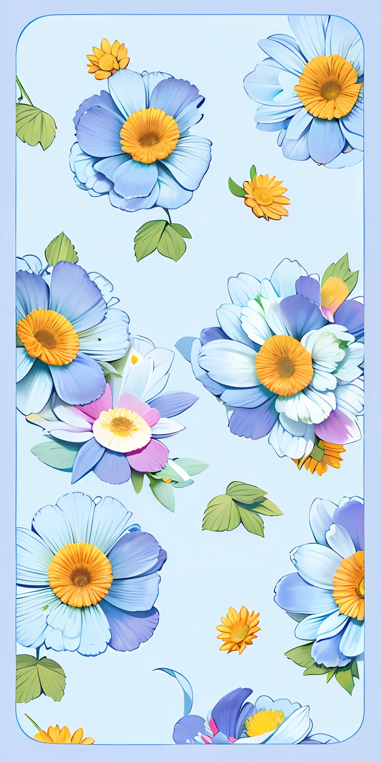 There are many blue flowers，There is a yellow center on a blue background, phone background, made with illustrator, Wallpaper phone, opulent, flower, Flower background, flowers in the background, pastel flowery background, strawberry embellishment, patchy flowers, florest background, Blue flowers, iPhone background, stylized flowers, iphone wallpaper, flowery wallpaper, blue - petals, blue flowers accents