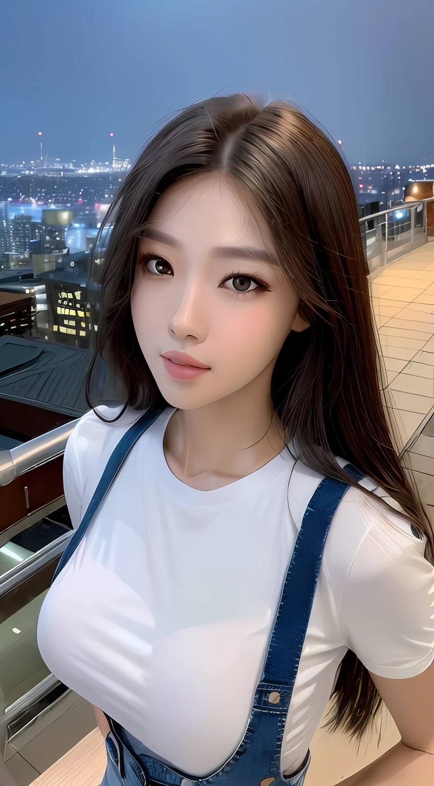 ((Midnight, Best quality, 8k, Masterpiece :1.3)), Whole body, Long legs, Sharp focus :1.2, A pretty woman with perfect figure :1.4, Slender abs :1.1, ((Dark brown hair,Gigantic breasts :1.2)), (White tight tshirt, Jean bib, Standing:1.2), ((Night city view, Rooftop:1.3)), Highly detailed face and skin texture, Detailed eyes, Double eyelid --auto