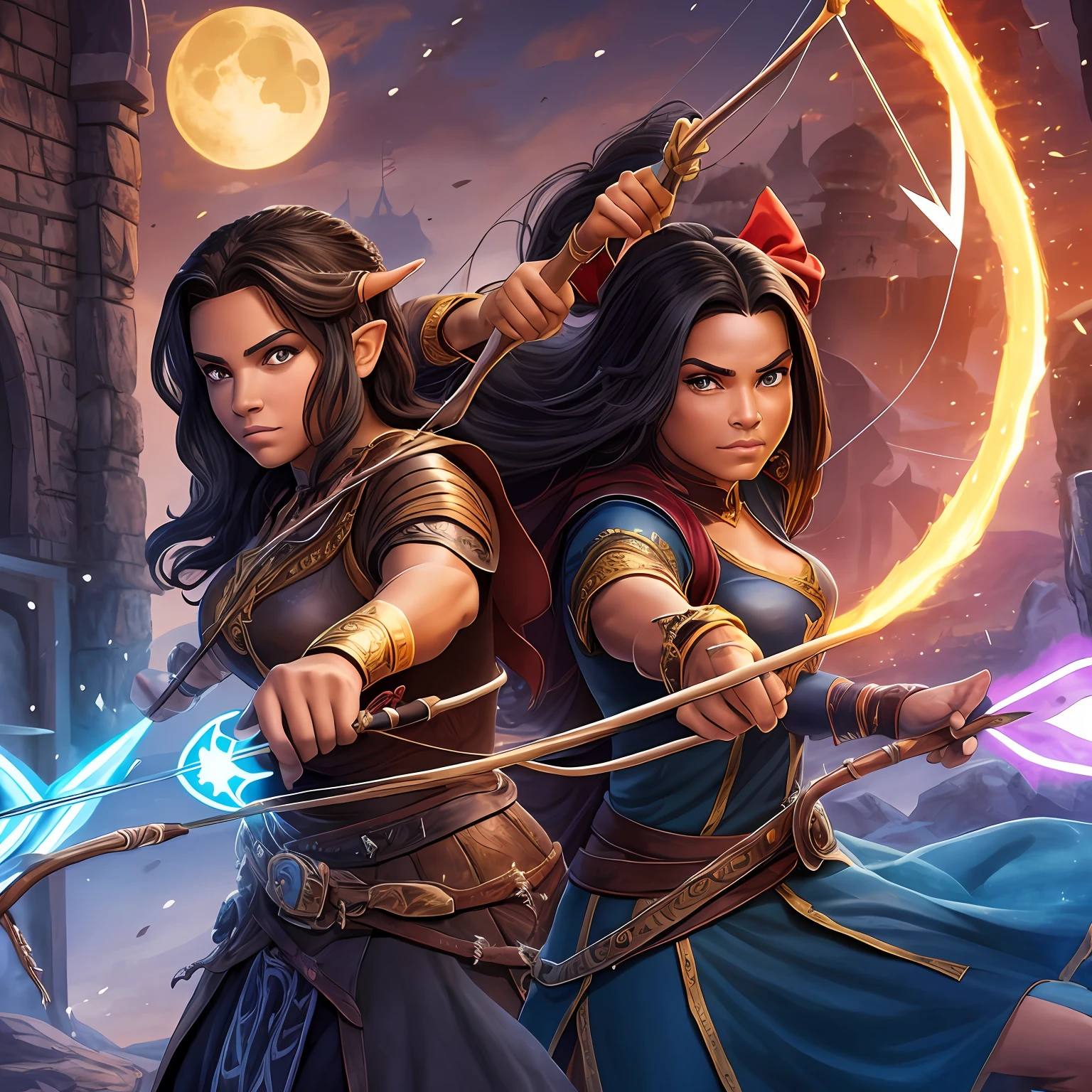 2 Women heroines and warriors, estilo Disney, uma de cabelo preto, uma de cabelo loiro, dressed in clothes with deck symbols, one using bow and arrow the other using spell portions, fundo de um castelo e um reino cheio de detalhes ao fundo, In the background also has dangerous orcs. --auto