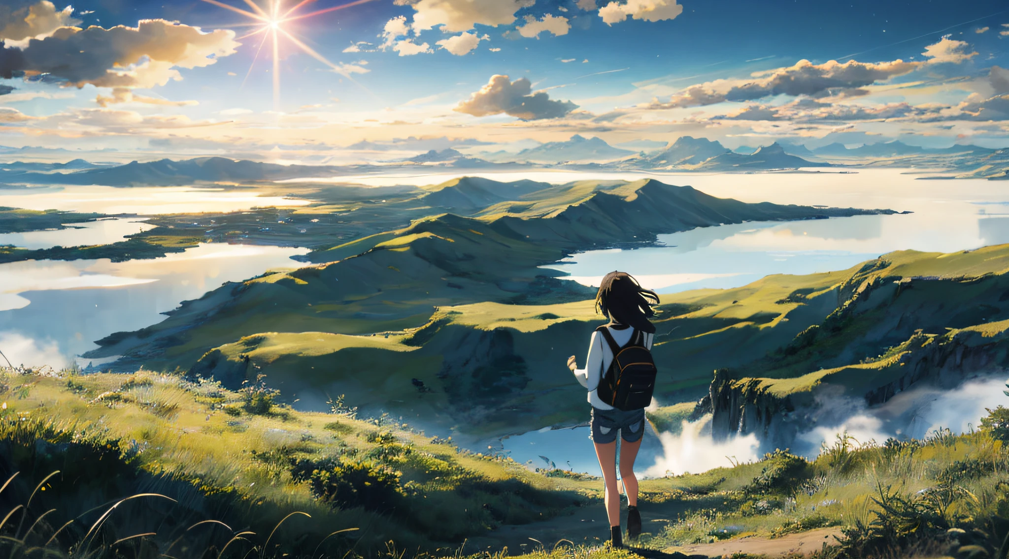 The vast sky, beautiful skyline, large grasslands, extremely tense and dramatic pictures, moving visual effects, the high-hanging Polaris, and colorful natural light. Long-sleeved top, denim shorts, and a girl with a backpack.