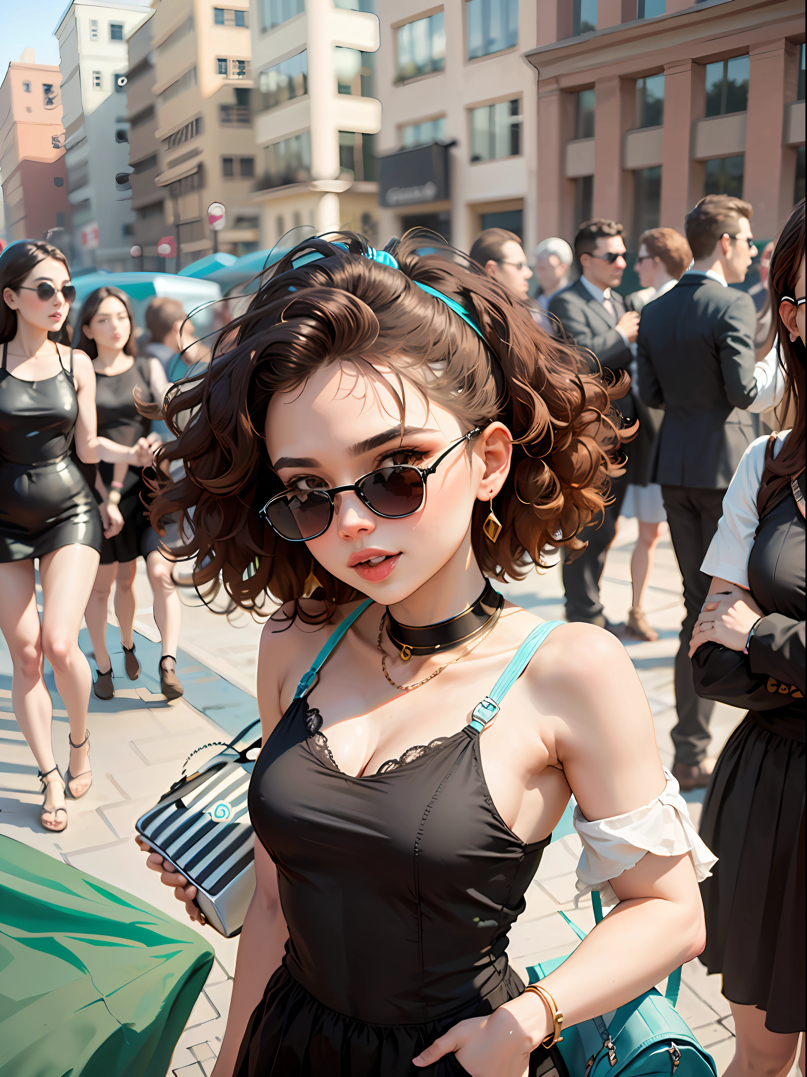 20, Woman , Black curly, sunglasses, Selfie in the middle of a crowd, In the style of lomography, Bronze and sky blue, Senator Edmundo, back