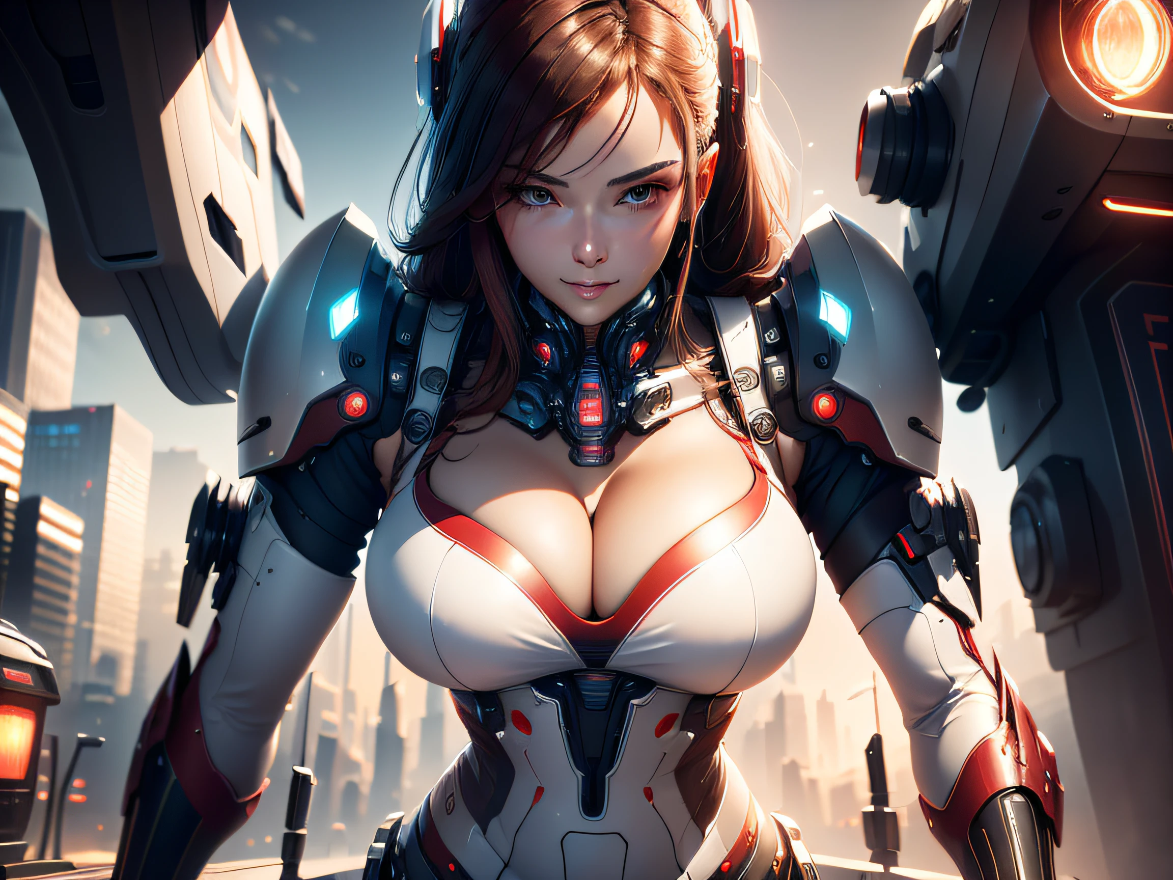 Highest image quality,Outstanding details,超高分辨率,(Fidelity:1.4),The best illustration,Favor the details,closeup cleavage,A mech girl,He has a delicate and beautiful face,((Red and white semi-mechanical body:1.8)),Raised sexy,cleavage,onbed,frontage,cyber punk perssonage,Futuristic,mechanically aesthetic,Complex machinery,The background is a high-tech lighting scene in the future city,Virtual Engine 5,Perfect detail rendering,rendering by octane,hyper HD