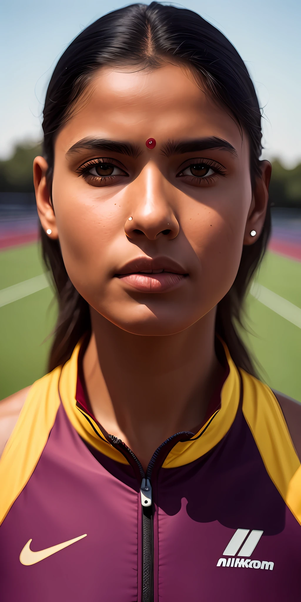 beautiful mature Indian college girl, in track outfit, outside on track field, ((slim, petite)), photorealistic, photo, masterpiece, realistic, realism, photorealism, high contrast, photorealistic digital art trending on Artstation 8k HD high definition detailed realistic, detailed, skin texture, hyper detailed, realistic skin texture, armature, best quality, ultra high res, (photorealistic:1.4),, high resolution, detailed, raw photo, sharp re, by lee jeffries nikon d850 film stock photograph 4 kodak portra 400 camera f1.6 lens rich colors hyper realistic lifelike texture dramatic lighting unrealengine trending on artstation cinestill 800,