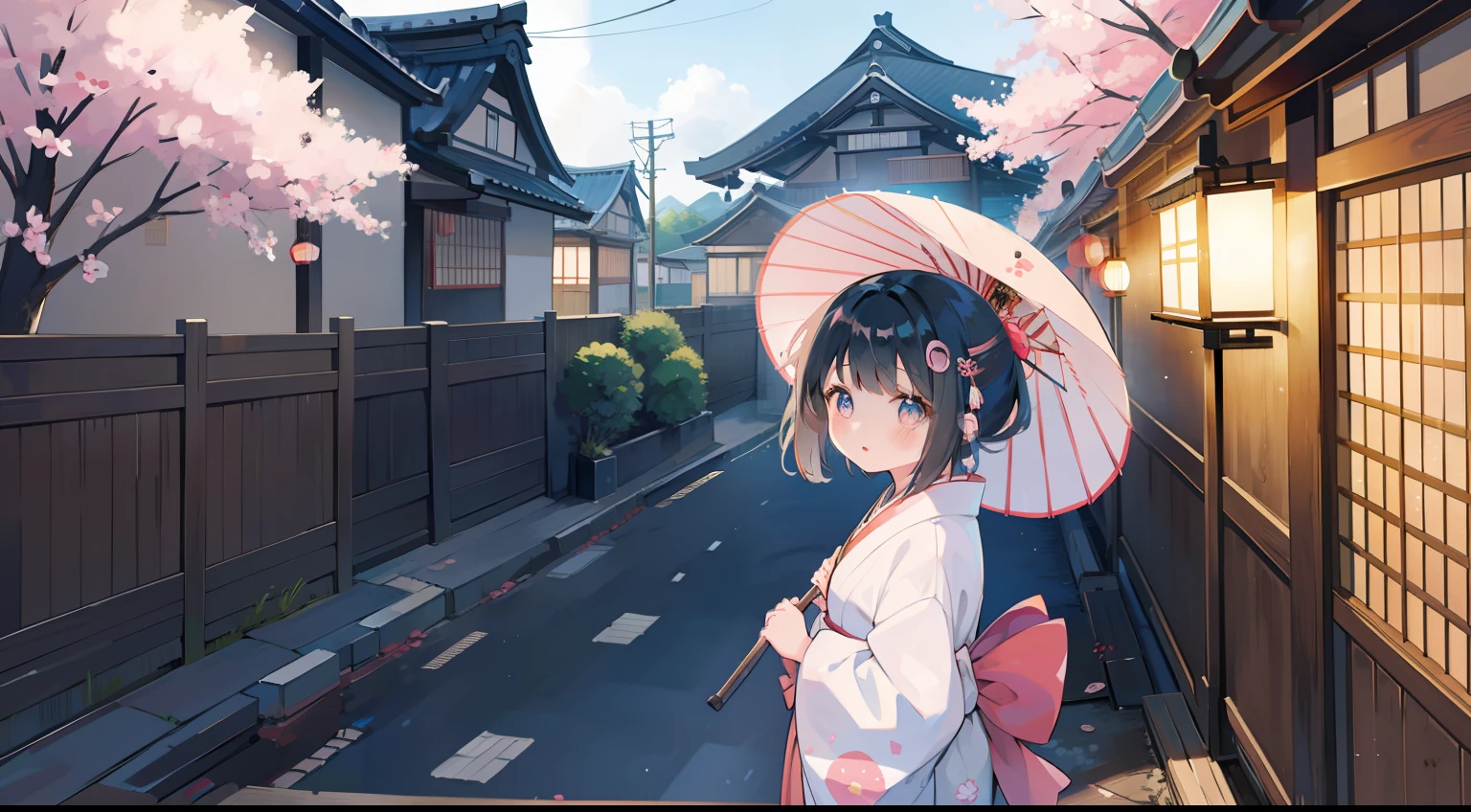 One girl、Japanese umbrella、a 、kimono、Ribbon band、​masterpiece、top-quality、Top image quality、cute little、Streets of Kyoto、beatiful backgrounds、