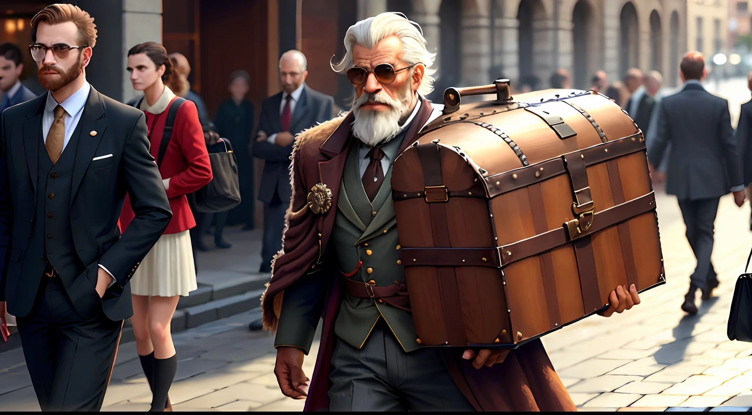 Um viajante misterioso, dressed in fancy clothes and carrying a luxurious chest, caminha pelo centro da cidade. People around look at him with curiosity and admiration.