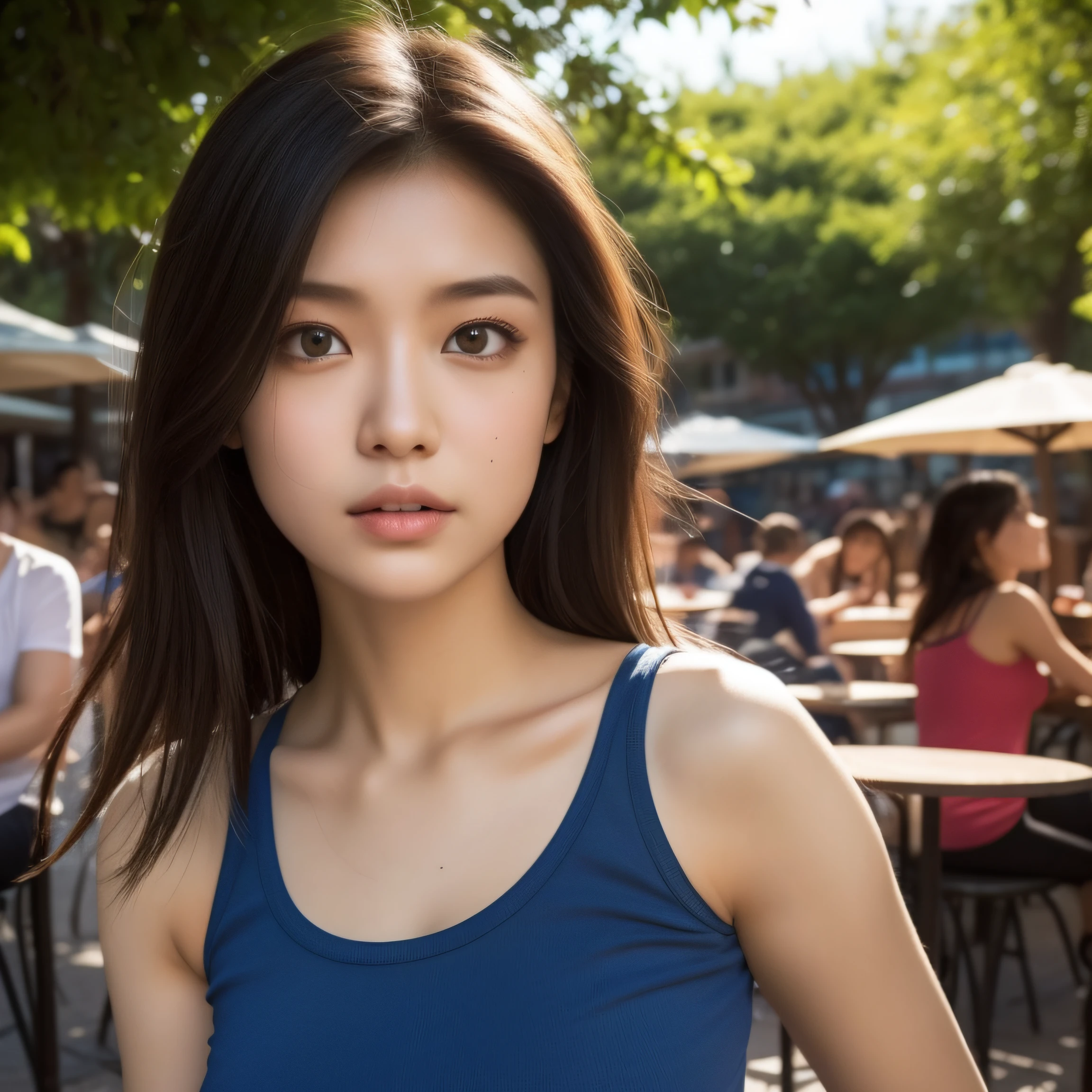 ultra-detailed, 1 girl, Asian, athletic body, realistic skin texture, long hair, (breasts:0.9), gaze at viewer, cropped T-shirt, skinny T-shirt, tight tank top, hot pants shorts, movie lighting, face focus, fine eyes, detailed face, well lit face, sunny day, outdoor cafe in background, nice thighs