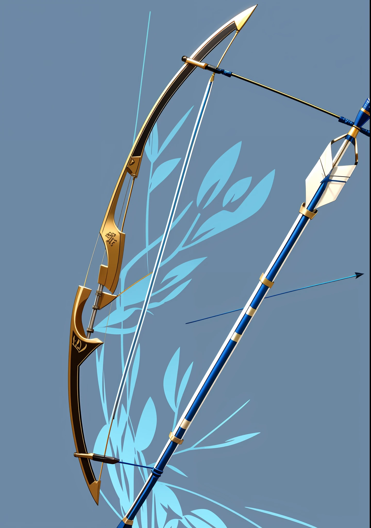 There is a bow，There is an arrow on a blue background, magical longbow, arrowed longbow, Short bow, archer bow, longbow, longbow arrow, POLEARM, bow and arrows, longbow arrow, hold mechanical bow and arrow, bow ashigaru, longbow, arma, Rod arm glaive