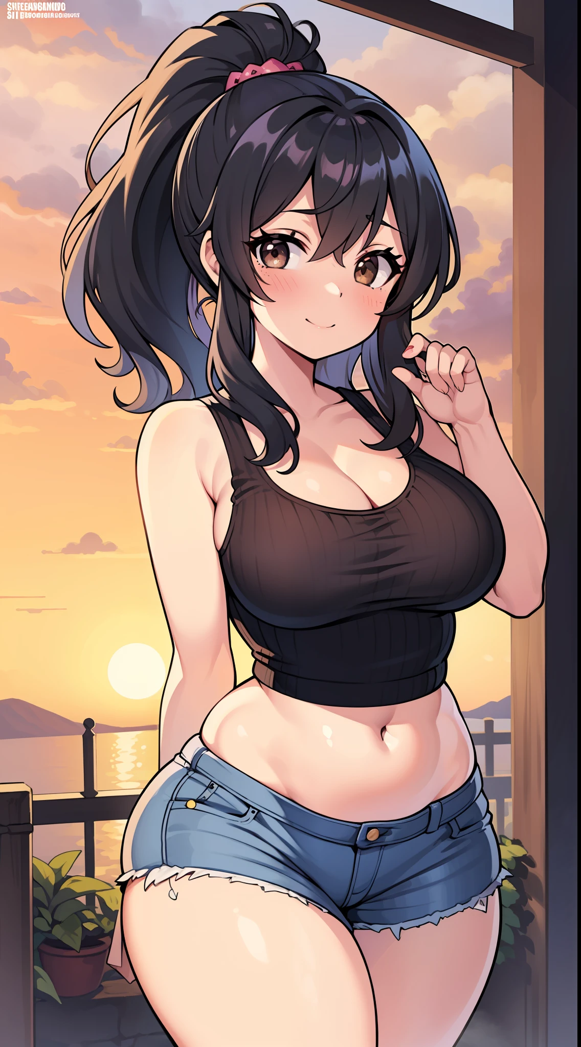 ((masterpiece)), (((best quality))), ((ultra-detailed)), (((illustration))), detailed face, ultra cute face, detailed body, ((1girl)), ((solo)), medium hair, (brown hair), ponytail, (fluffy hair), blue hair tie, brown eyes, smile, blush, looking at viewer, cowboy shot, walking in a suburb, evening, sunset, (black mini skirt), (white crop top), medium breasts, cleavage, perky breasts, ((Thicc)), curvy, ((wide hips)), (thick thighs), chubby female,