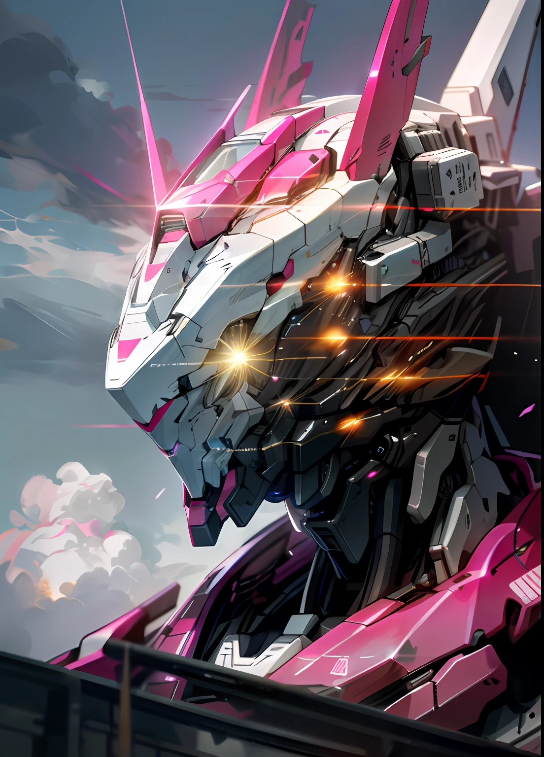 Skysky,clouds,Holding_arma,No_Humanity,with light glowing,,Pink robot,buliding,Glowing_Eyes,Mecha,scientific fiction,城市,Realistis,Mecha
