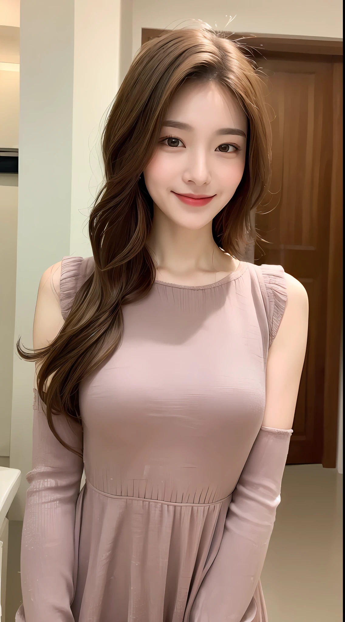 ((Best Quality, 8K, Masterpiece: 1.3)), 1 Girl, Slim Abs Beauty: 1.3, (Hairstyle Brown Hair Shortcut, Big: 1.2), Dress: 1.1, Super Slender Face, Delicate Eyes, Double Eyelids, Smile, Home, Raw Photo