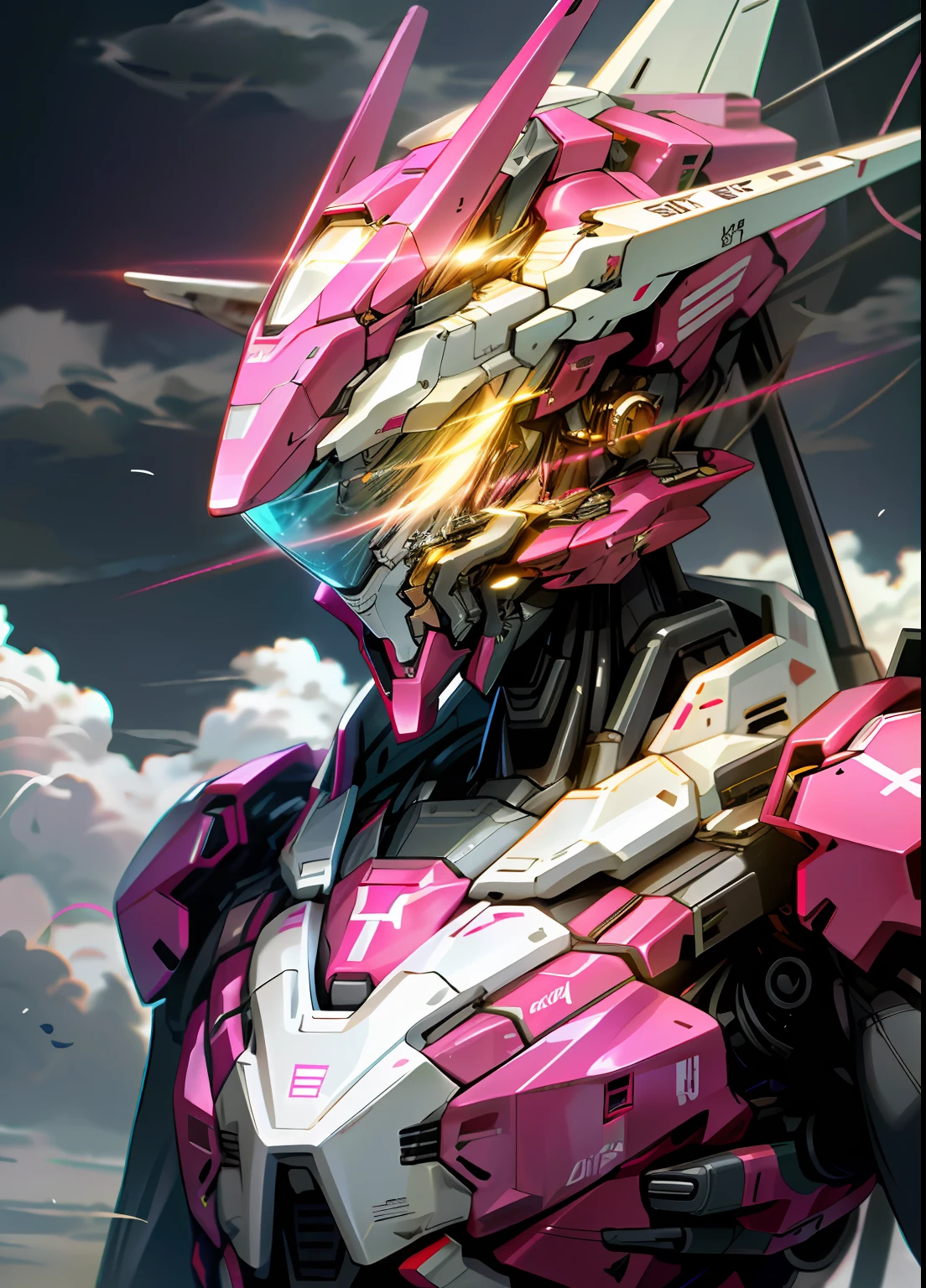 Skysky,clouds,Holding_arma,No_Humanity,with light glowing,,Pink robot,buliding,Glowing_Eyes,Mecha,scientific fiction,城市,Realistis,Mecha