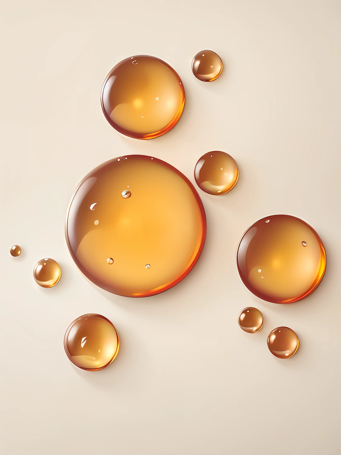 Alphad image of a group of glass balls on a white surface, liquid translucent amber, The drops, transparent droplets, drops are falling from above, drops around, jelly - like texture, realistic jelly splashes, Organic liquid texture, Liquid dot, Amber jewelry, Glossy surface, detailed droplets, tear drops, brown resin, Sleek round